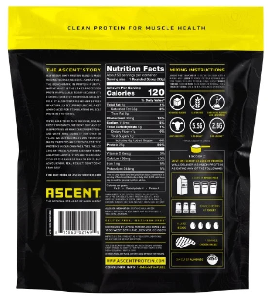 Ascent 100% Whey, Native Whey Protein Blend, CHOCOLATE, 4.25 lbs