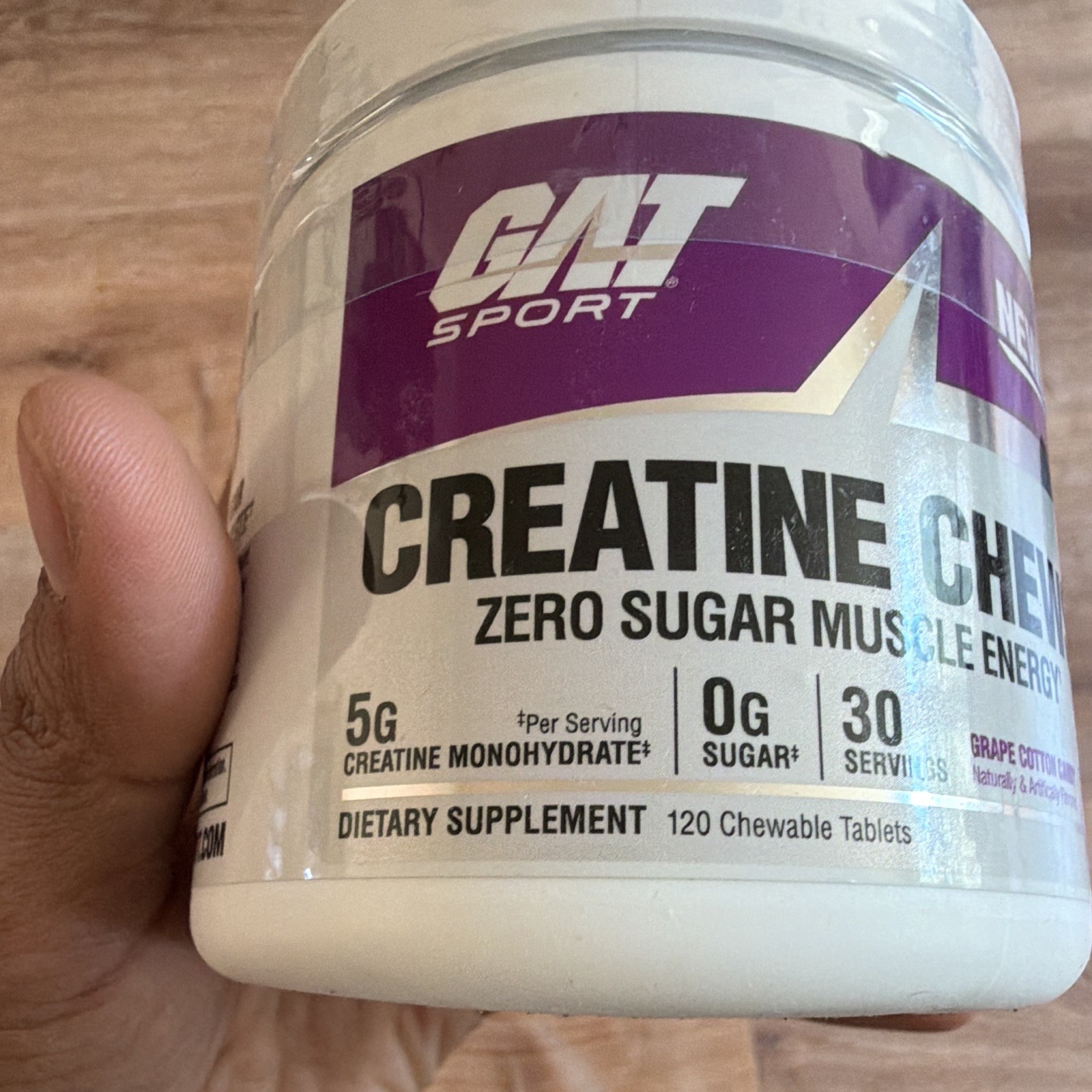 GAT Sport Creatine Chews Zero Sugar, Grape Cotton Candy 120 Tablets Exp 11/2027