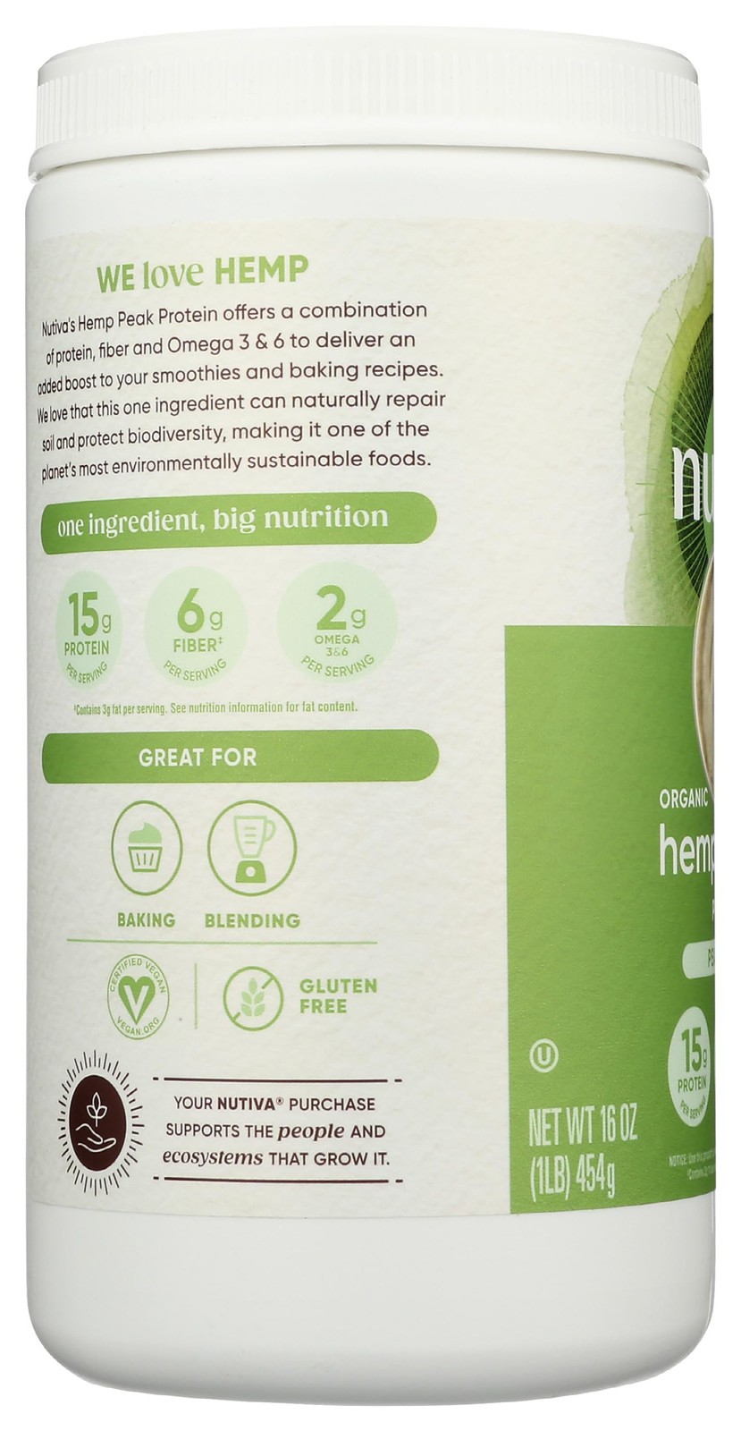 Nutiva Organic Cold-Pressed Raw Hemp Protein Powder, Peak Protein, 16 Oz, USDA