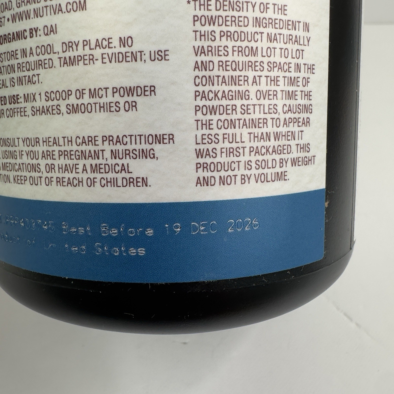 NUTIVA Organic MCT Powder Vanilla w/ Prebiotic Acacia 10.6 OZ BB 12/26 SHIP FREE