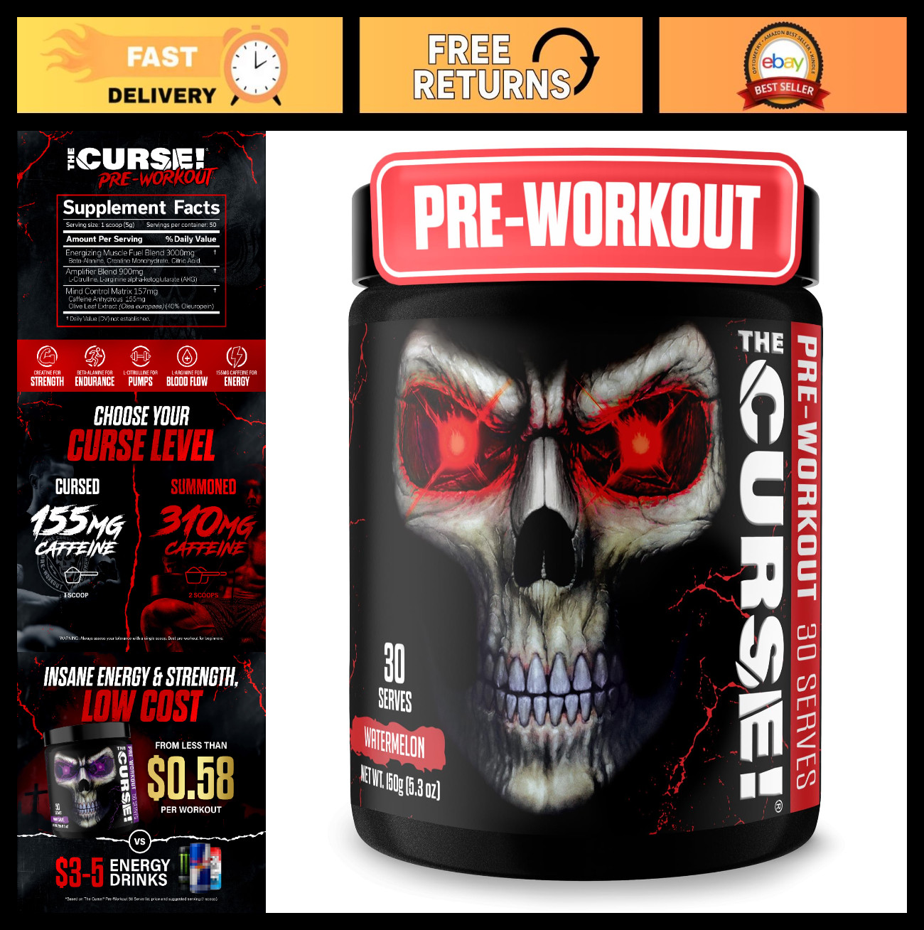 Pre Workout Powder with Creatine & Caffeine, Watermelon Flavor, 30 Servings – En