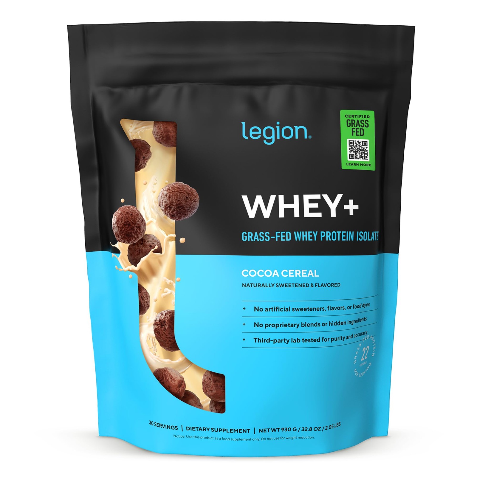LEGION Whey+ Protein Whey Isolate from Grass Fed Cows Cocoa Cereal, 30 Servin…