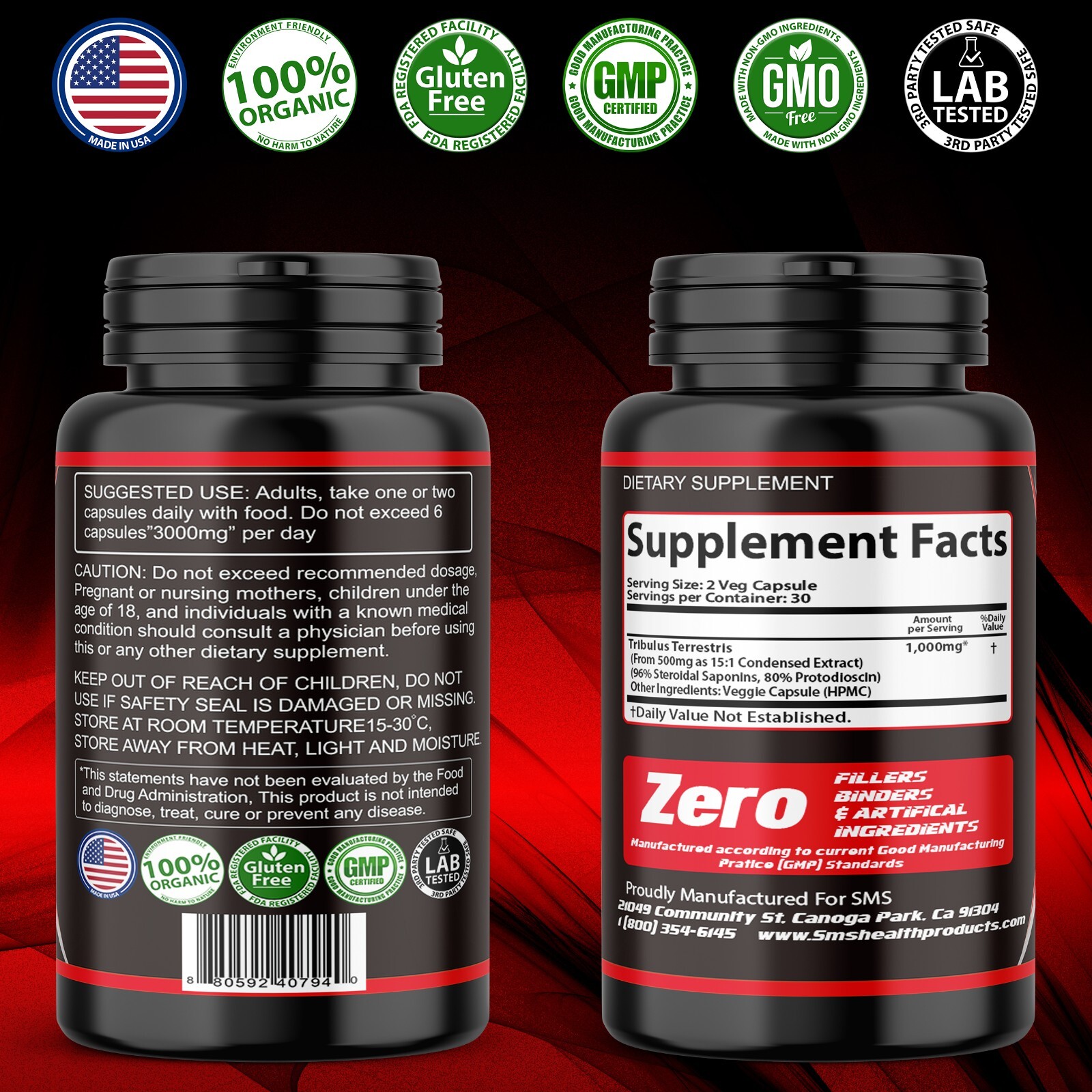 TRIBULUS TERRESTRIS 96% SAPONINS EXTRACT MUSCLE WORKOUT SUPPLEMENTS 120 Capsules