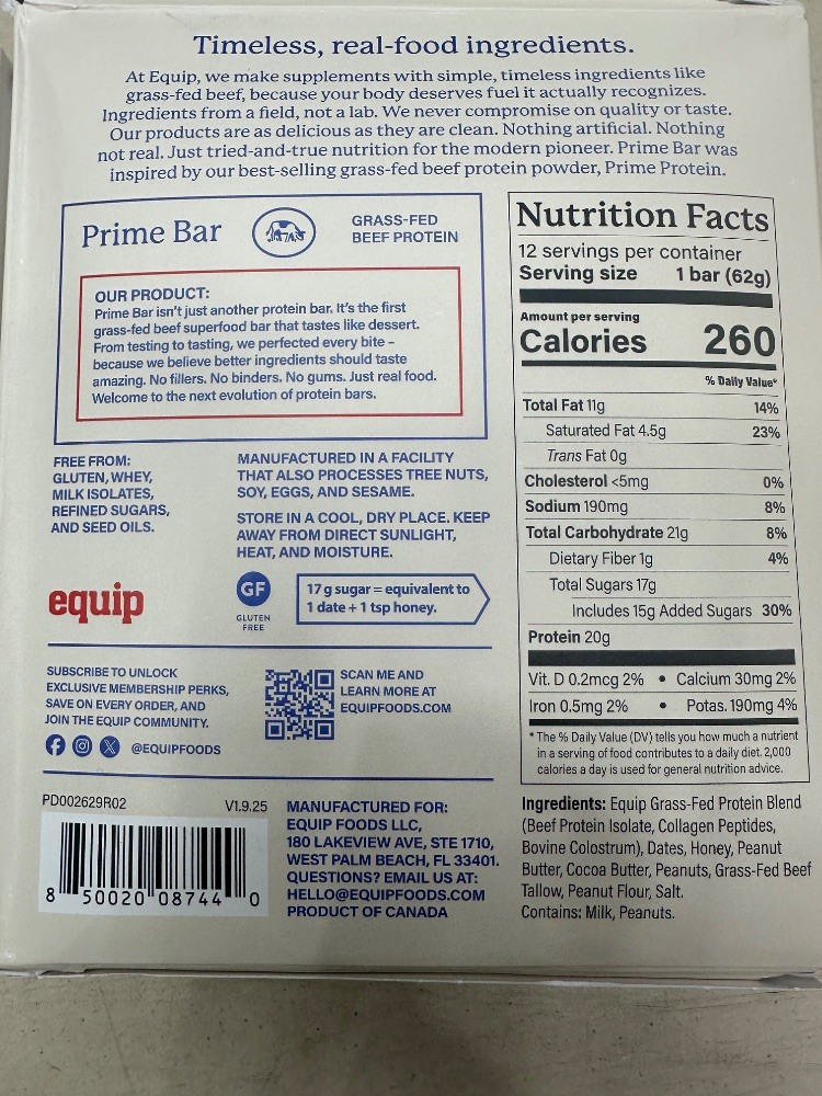 Equip Prime Bar Peanut Butter Grass-Fed Beef Protein Bars 12 Pack 20g Protein