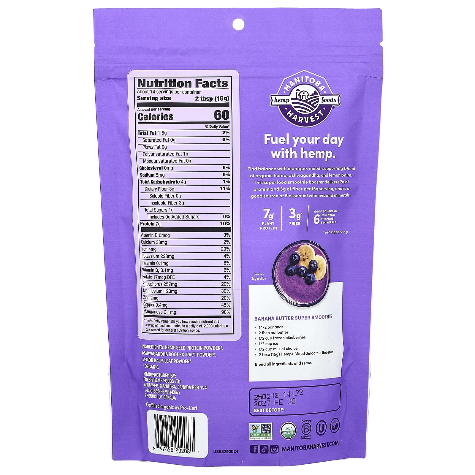 Organic Hemp + Mood, Smoothie Booster Powder Blend, 7.5 oz (213 g)