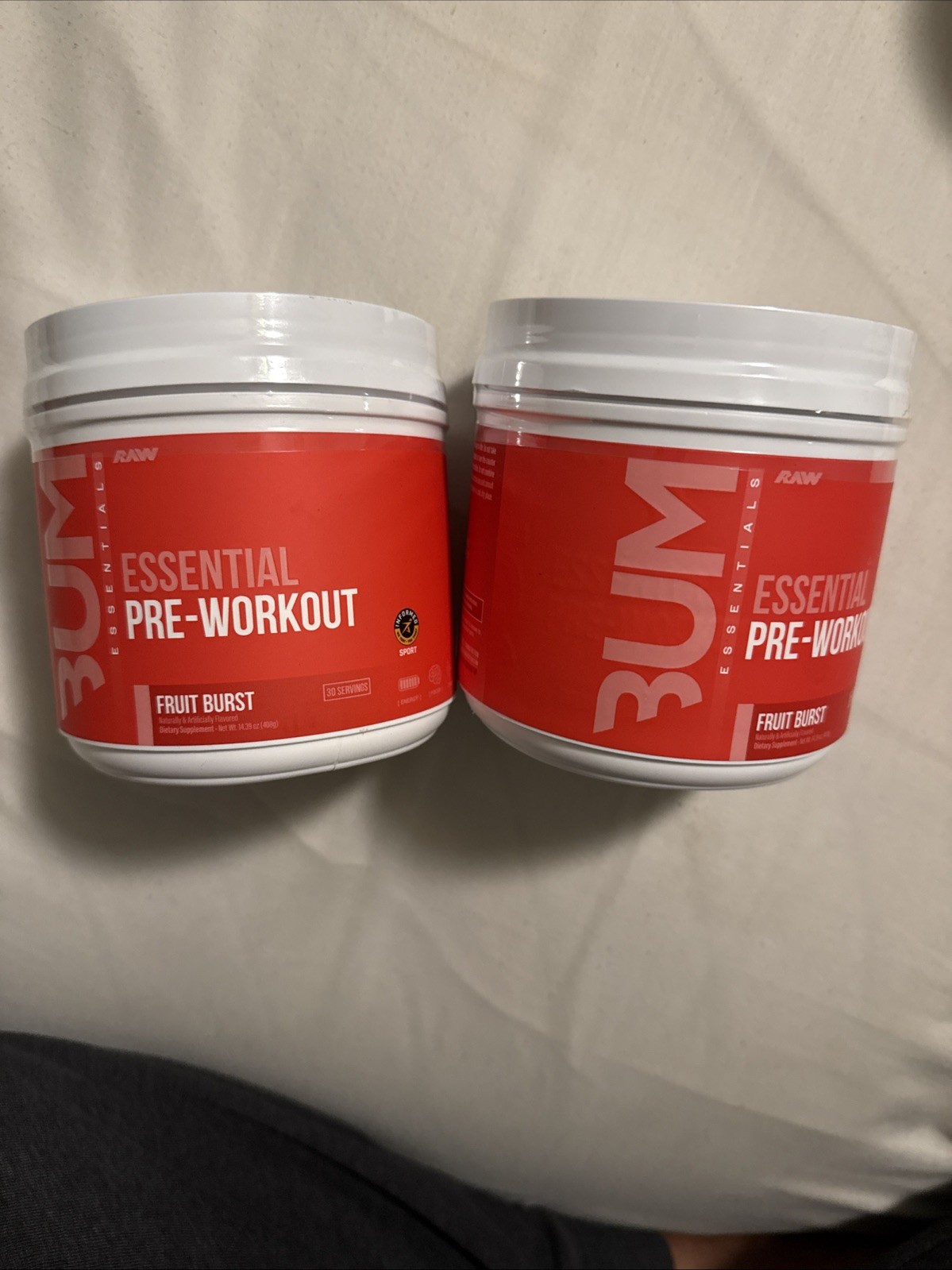 BUM Essential Pre-Workout. Fruit Burst. two Cans of 30 Servings Each