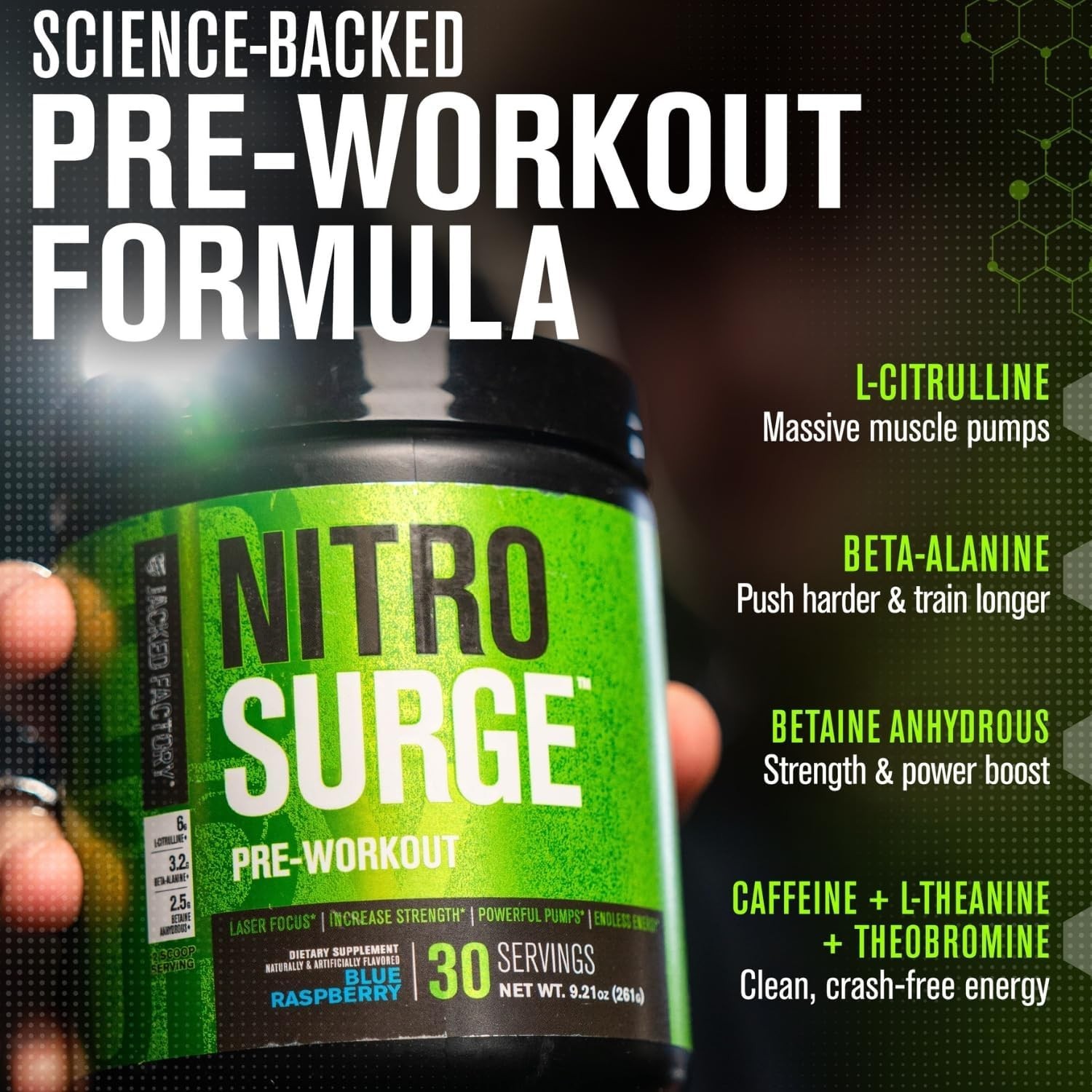 Intense Energy & Strength Gains – NITROSURGE Pre Workout Powder, 10 Servings