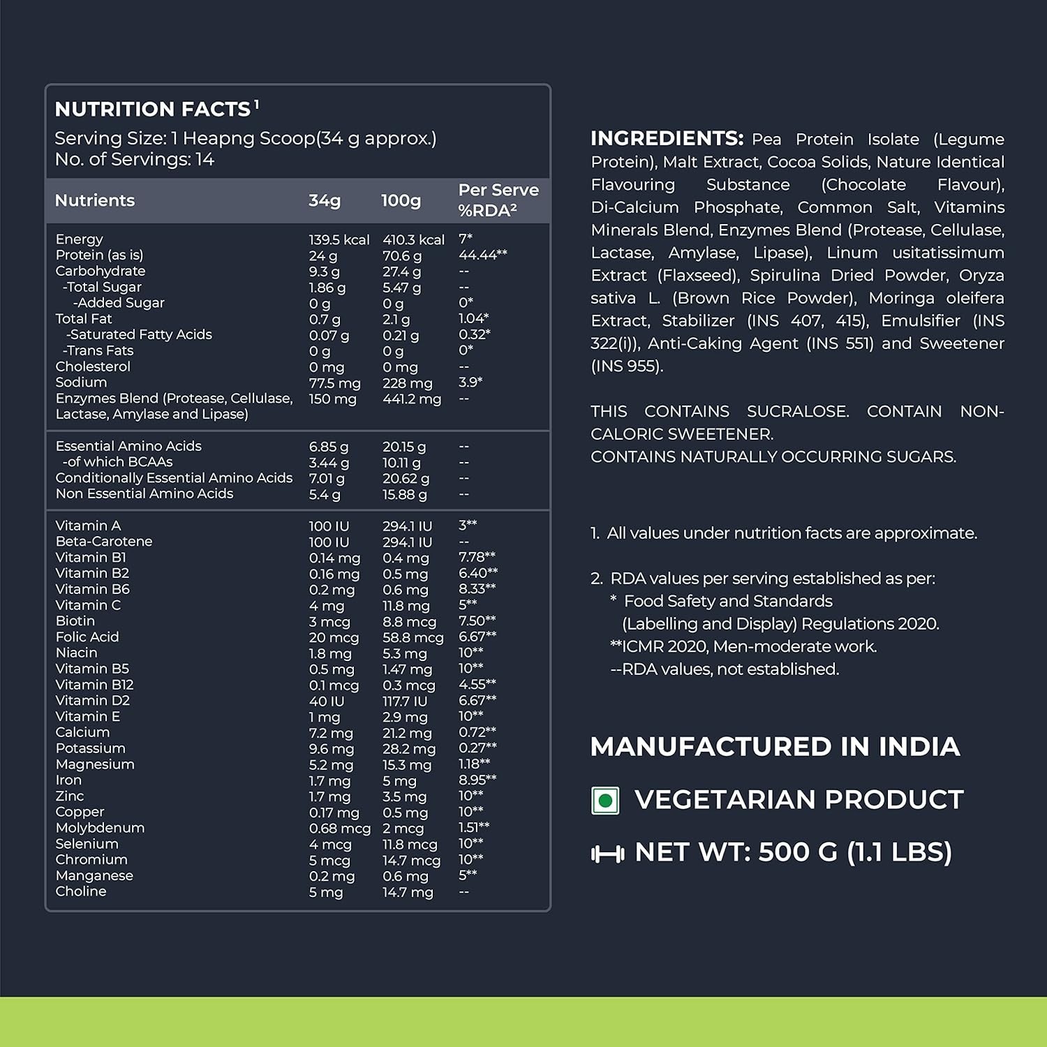 Plant Protein Powder + Superfoods 24g Protein -500g Rich Chocolate, 14 Servings