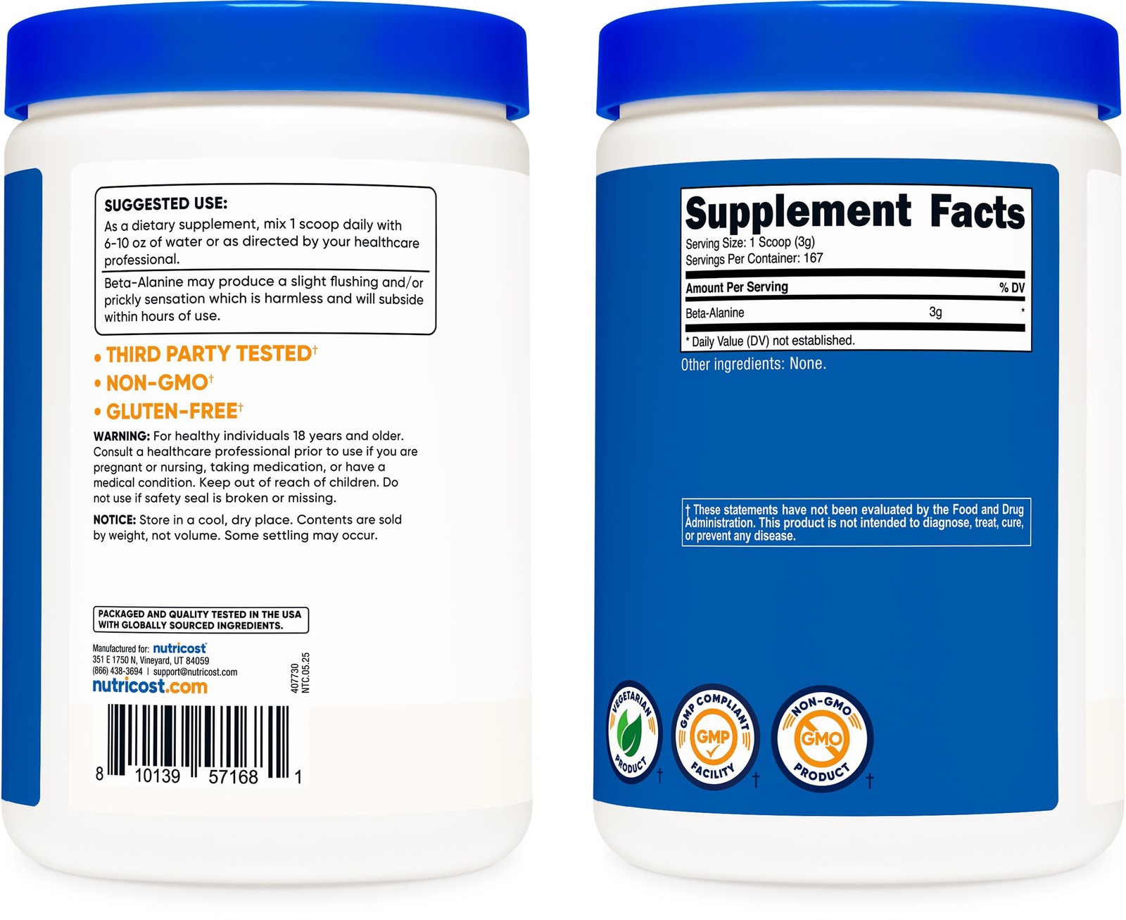 Nutricost Beta Alanine Powder 500 Grams (1.1lbs) – Pure 1.1 Pound (Pack of 1)