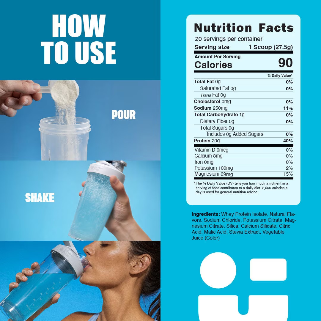 Clear Protein + Electrolytes, 20G Protein, Blue Razz, Zero Sugar, 20 Servings