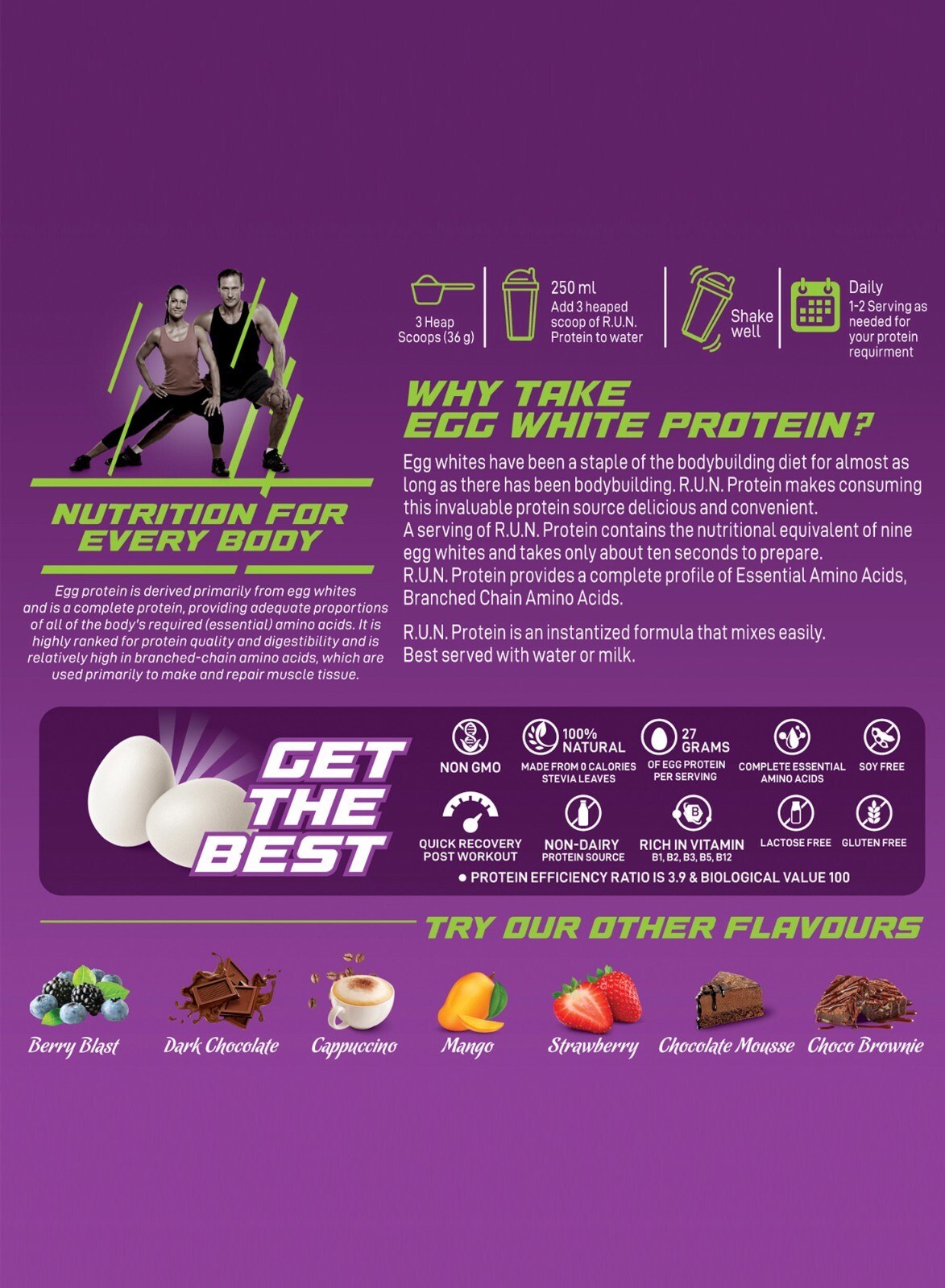 RUN Natural Egg White Protein Powder, 27g Protein, Lactose Free, 0.80 lbs/360 g