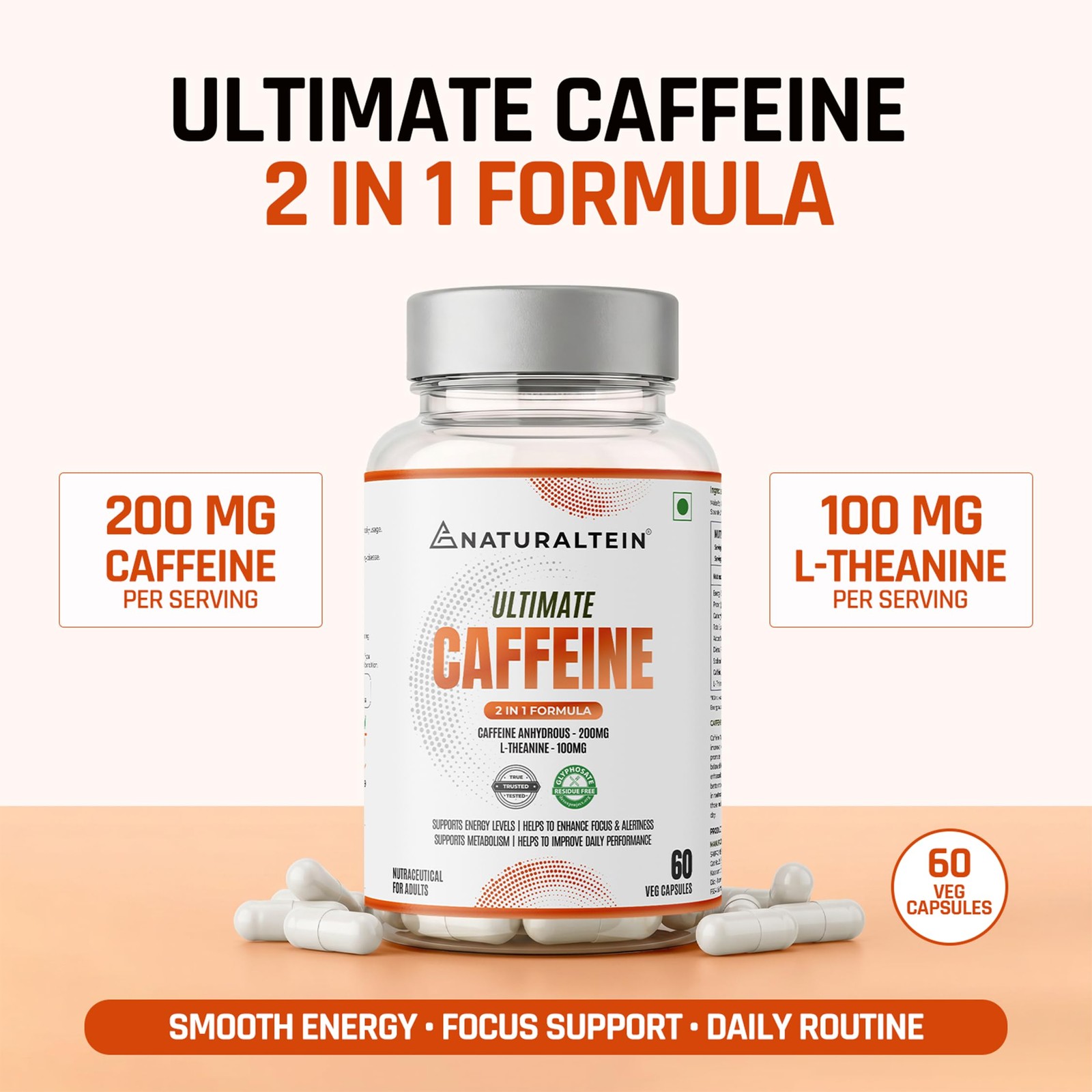 NATURALTEIN Ultimate Caffeine & L-Theanine 100mg | 60 Veg Capsules Energy Boost