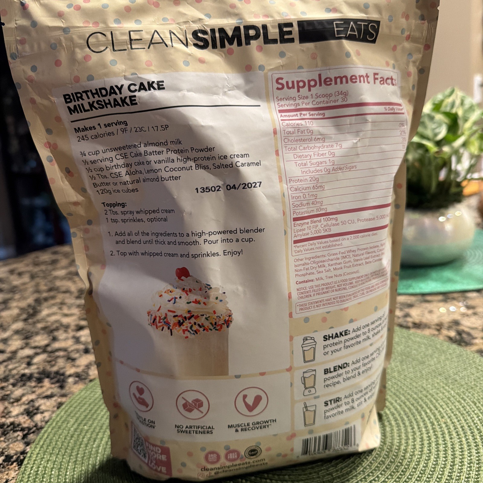 Clean Simple Eats Cake Batter Protein Powder 36 oz / 30 Servings 100% Grass Fed