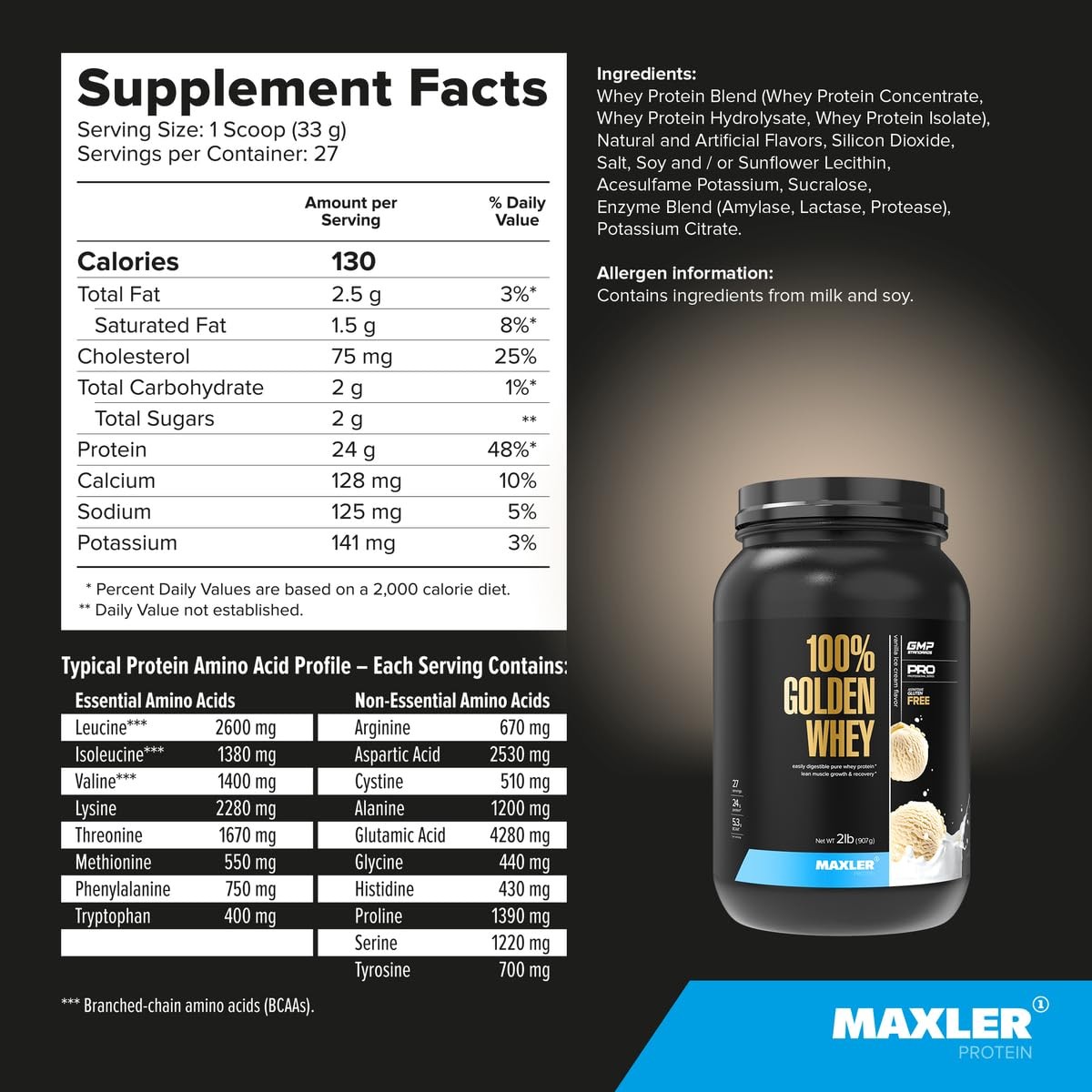 100% Golden Whey Protein – 24g of Protein per Serving – Whey Protein Powder for