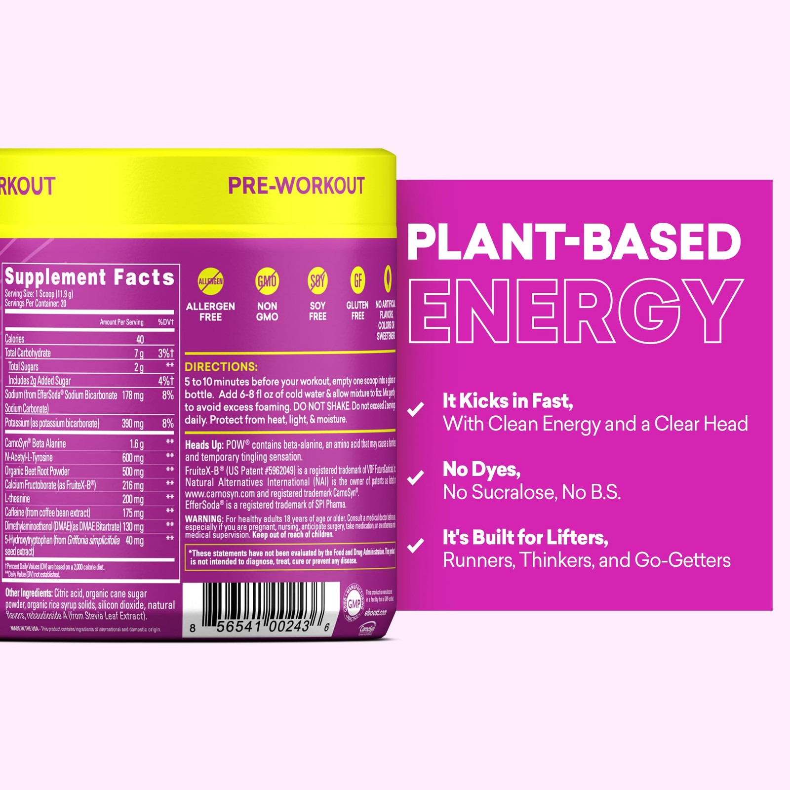 EBOOST POW Natural Pre 20 Servings (Pack of 1), Berry Melon Fizz 20