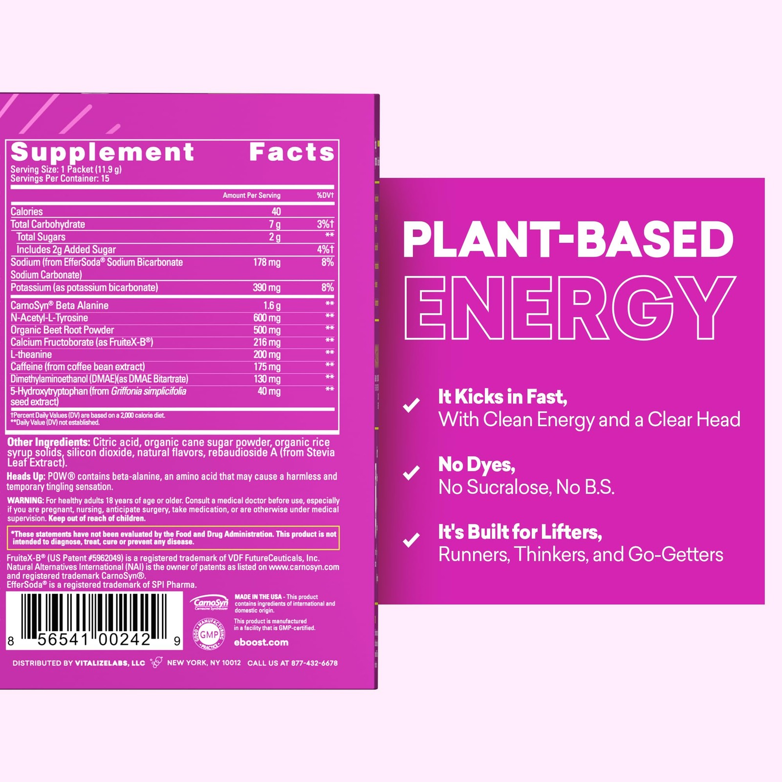 Eboost Pow Natural Pre Workout Powder – 15 Packets Berry Melon Fizz –