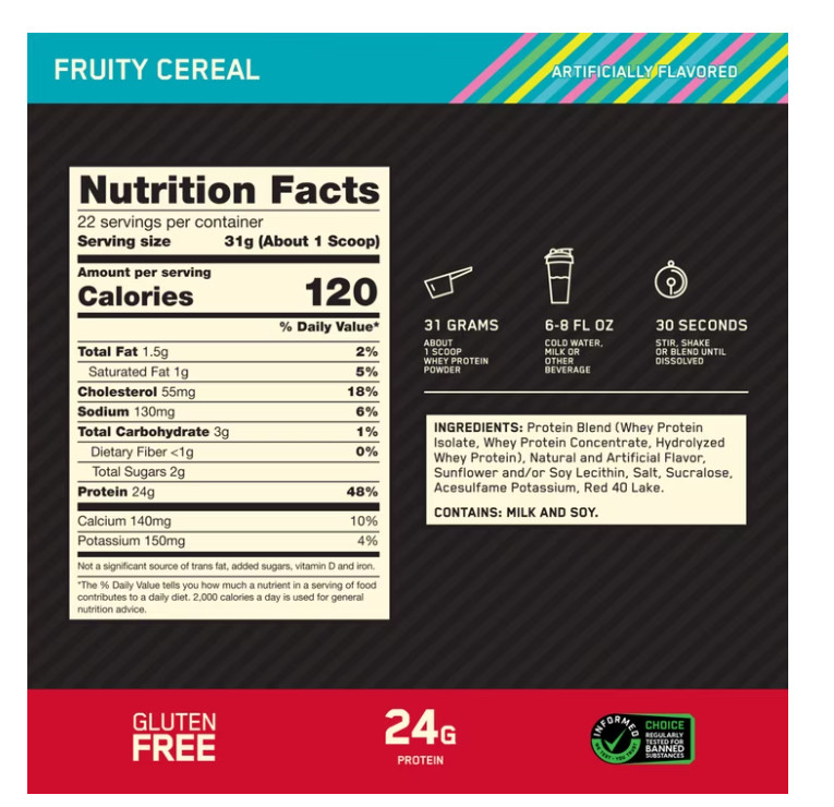 Optimum Nutrition Gold Standard Whey Protein Fruity Cereal 1.5lb 22 Servings
