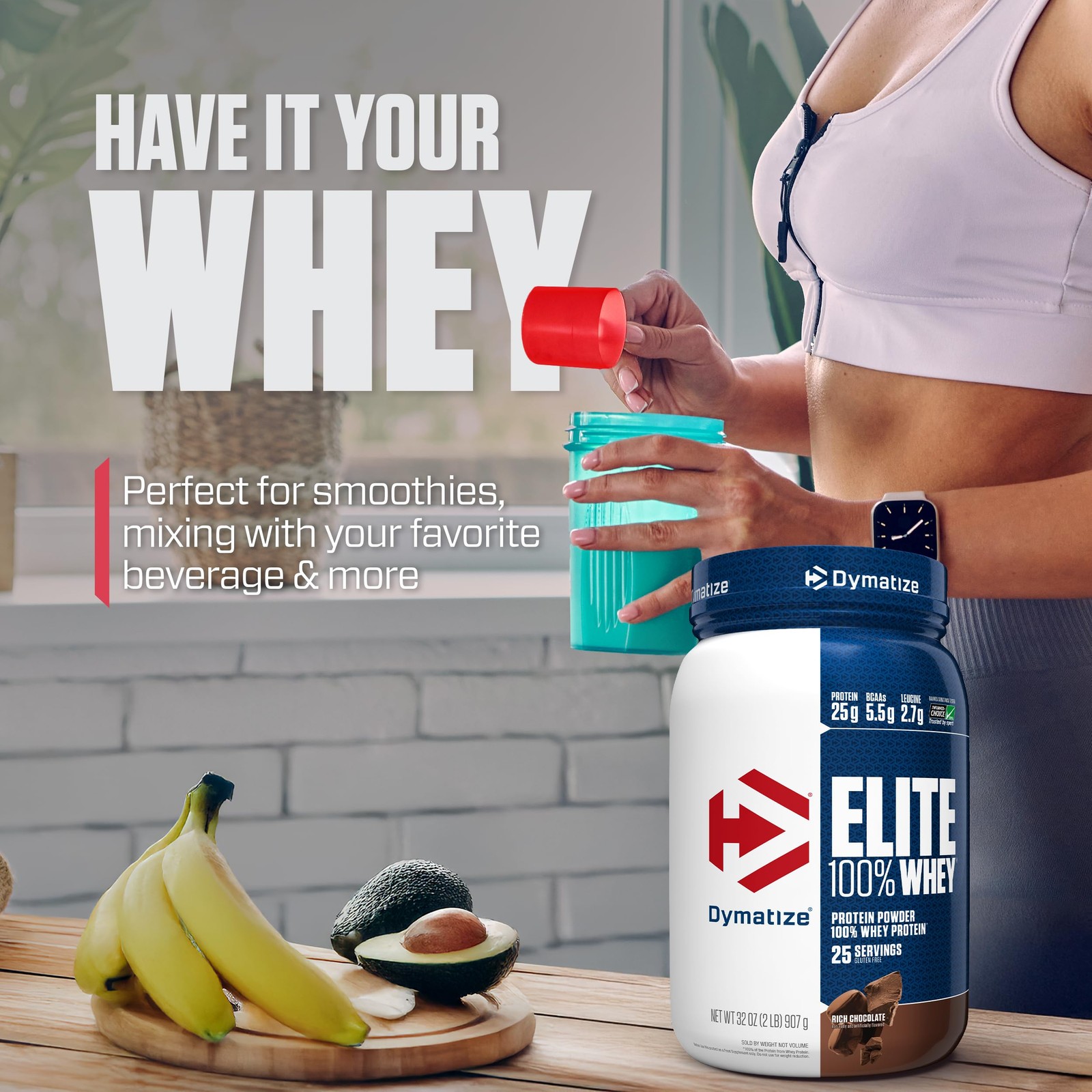 Dymatize Elite 100 Whey Protein Powder, Chocolate, 25g of Protein, 5.5g BCAAs,
