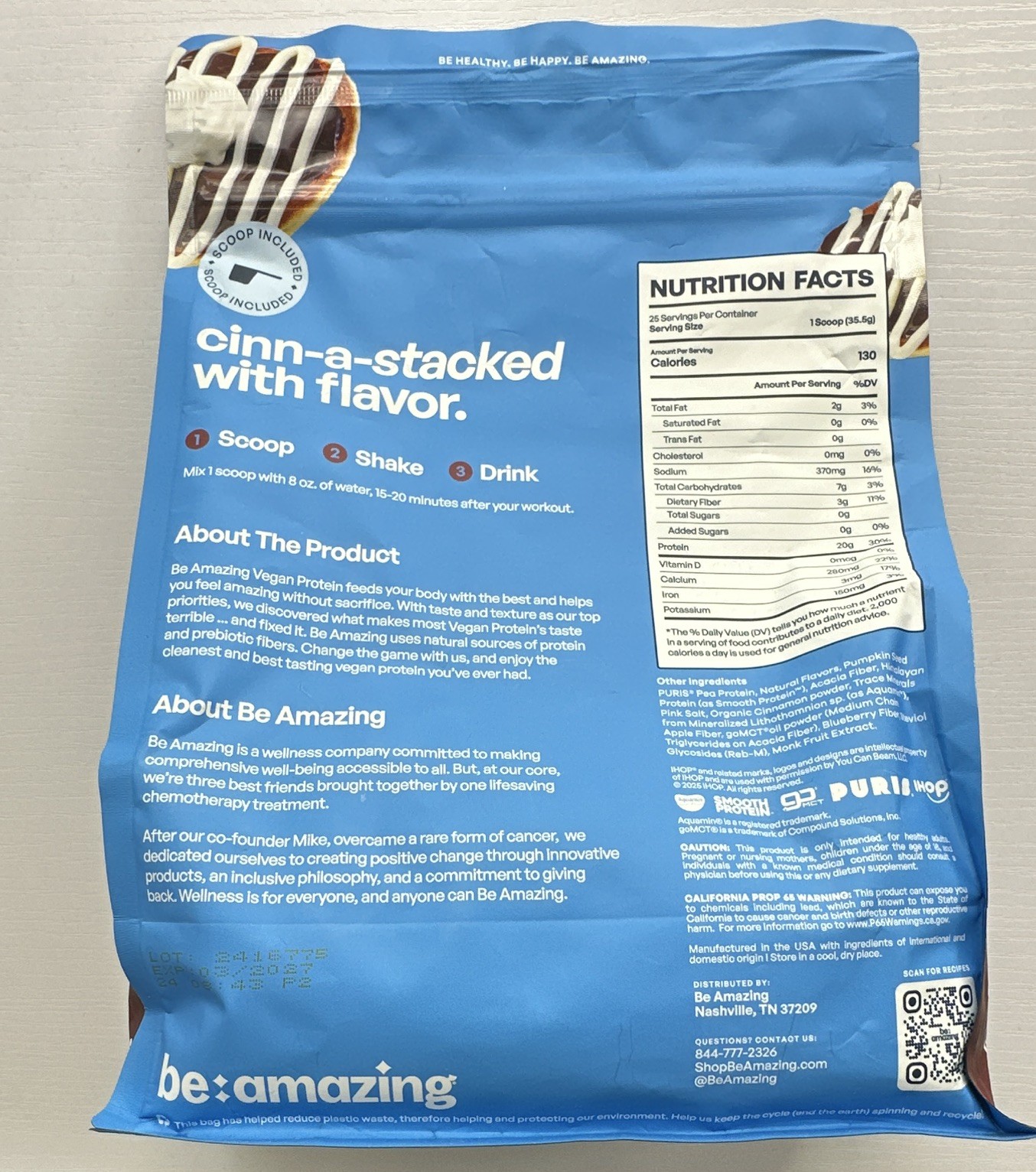 Be Amazing Vegan Protein Powder Cinn-a-Stack Pancakes Gluten-Free 31.3oz 25 Sv
