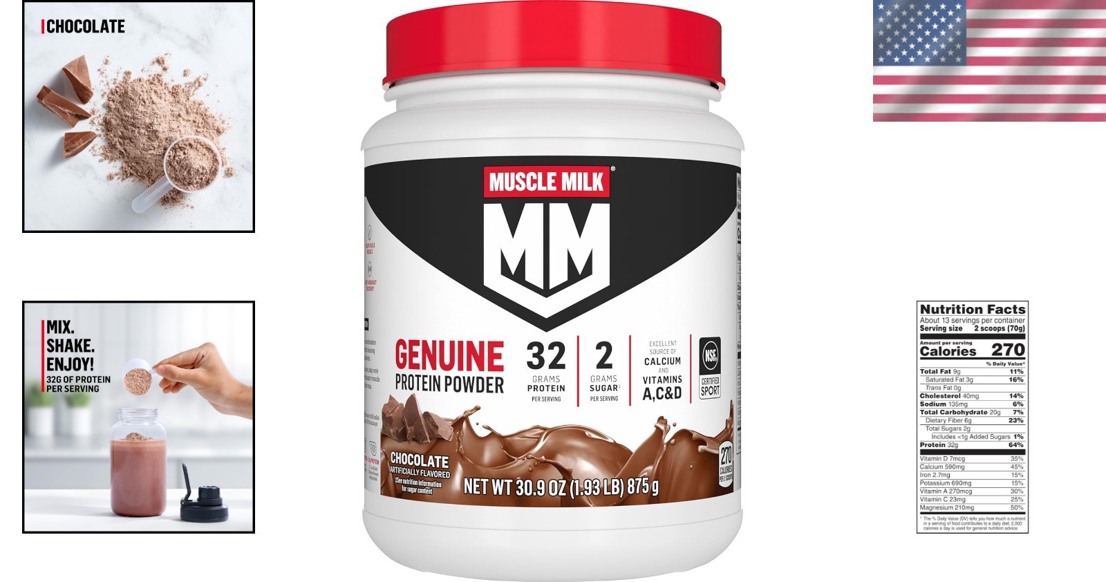 Genuine 1.93 lb Chocolate Protein – NSF Certified, 32g Protein for Muscle Growth