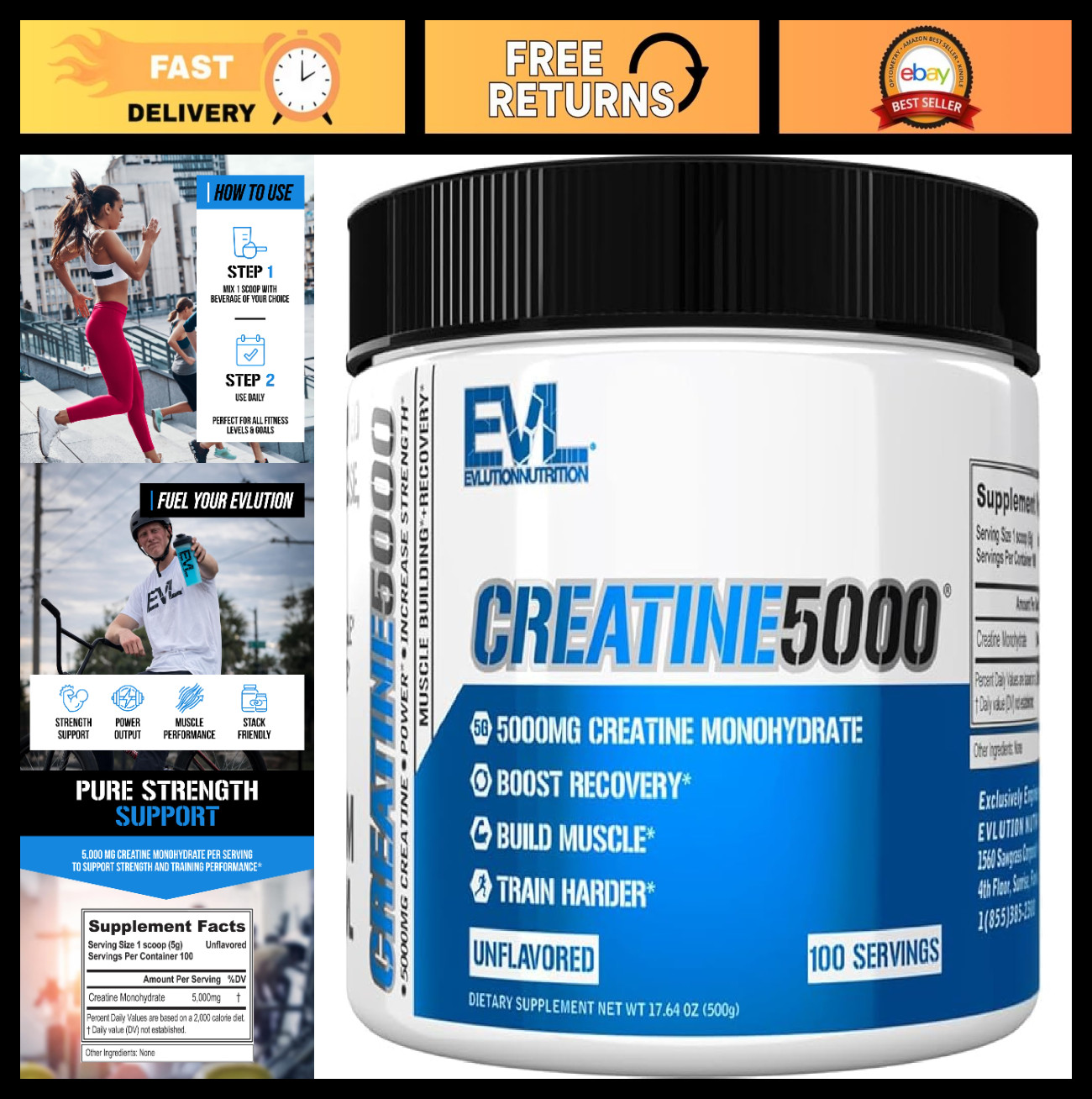 5000mg Pure Creatine Monohydrate Powder – 100 Servings – Unflavored, Boosts Reco