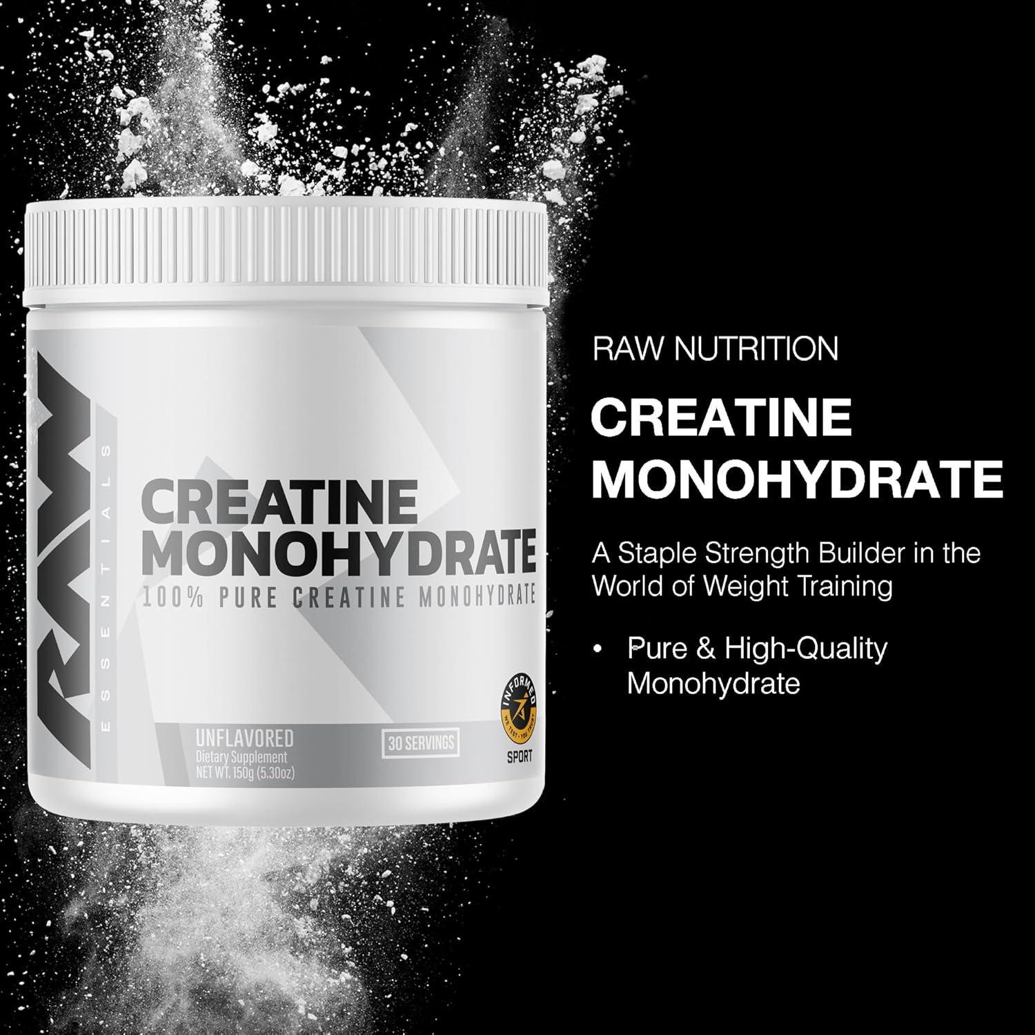RAW Nutrition Creatine Monohydrate Powder, Unflavored (30 Servings) – Micronized