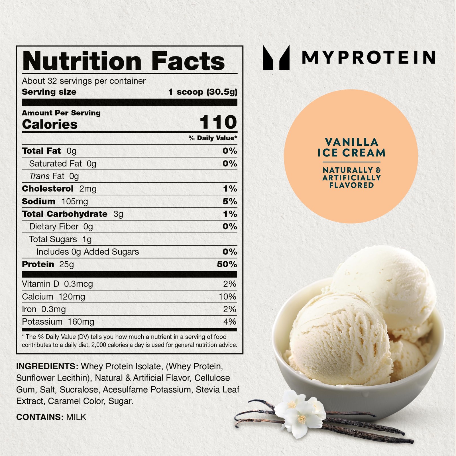 Myprotein Impact Whey Protein Isolate 2.2 Lbs 40 Servings Vanilla Ice Cream 22G