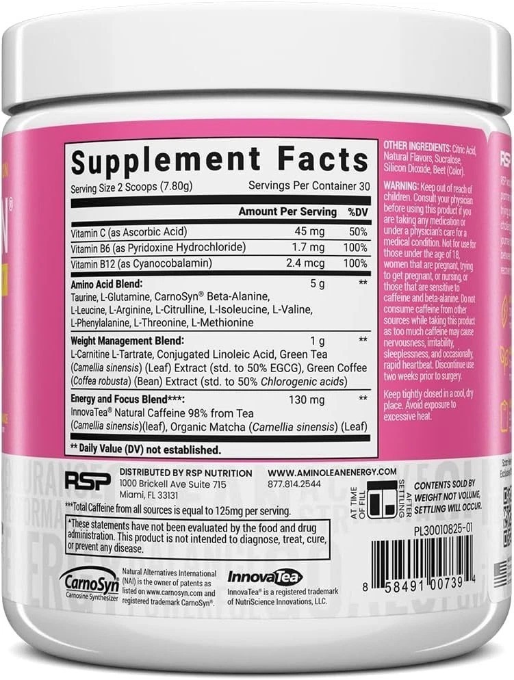AminoLean Pre Workout Powder – Pink Lemonade, 30 Servings of Clean Energy