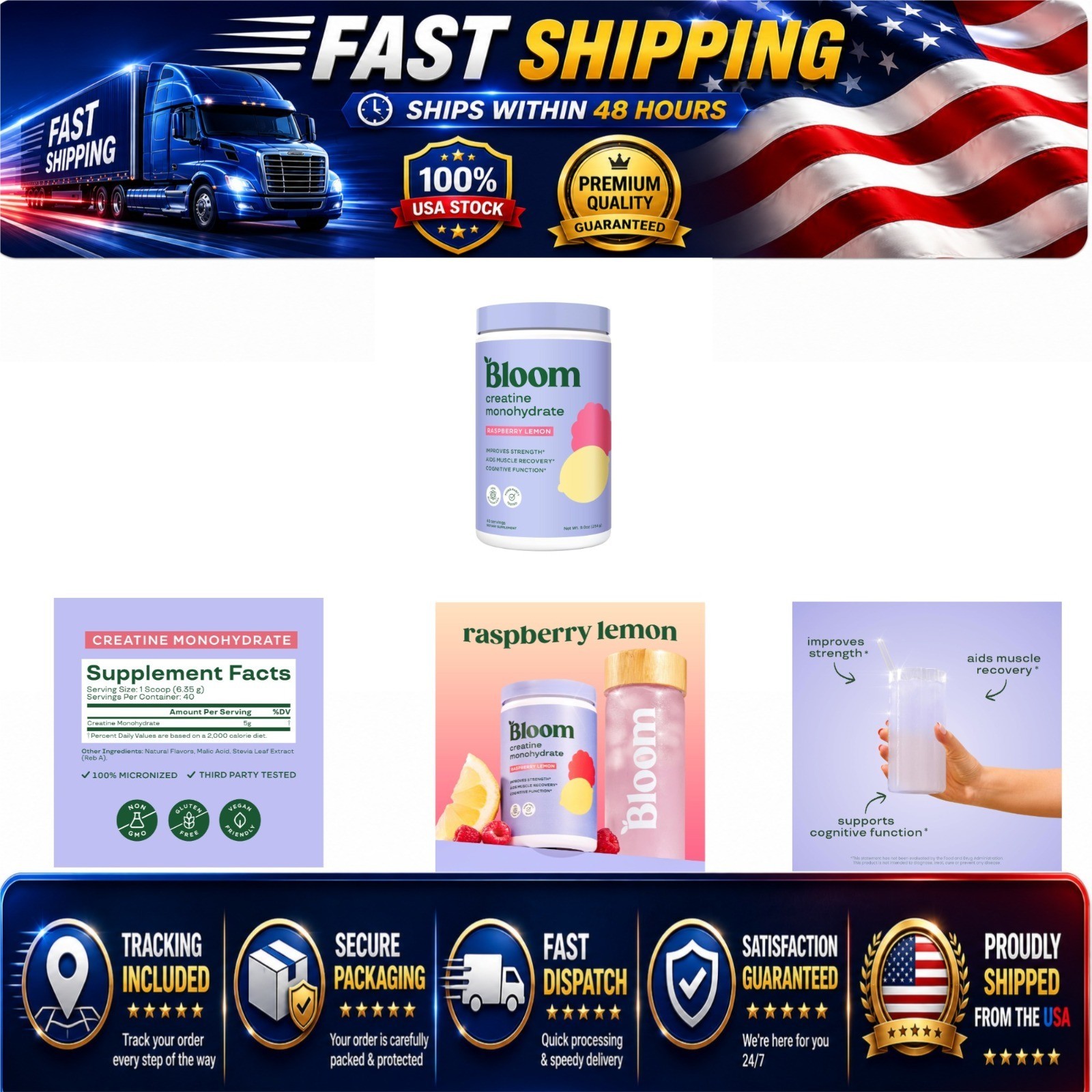 Bloom Nutrition Creatine Monohydrate Powder 9 oz – Raspberry Lemon Flavor