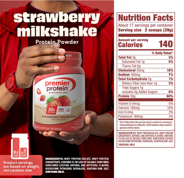 Premier Protein 100% Whey Protein Powder, Strawberry Milkshake, 1.7 lb