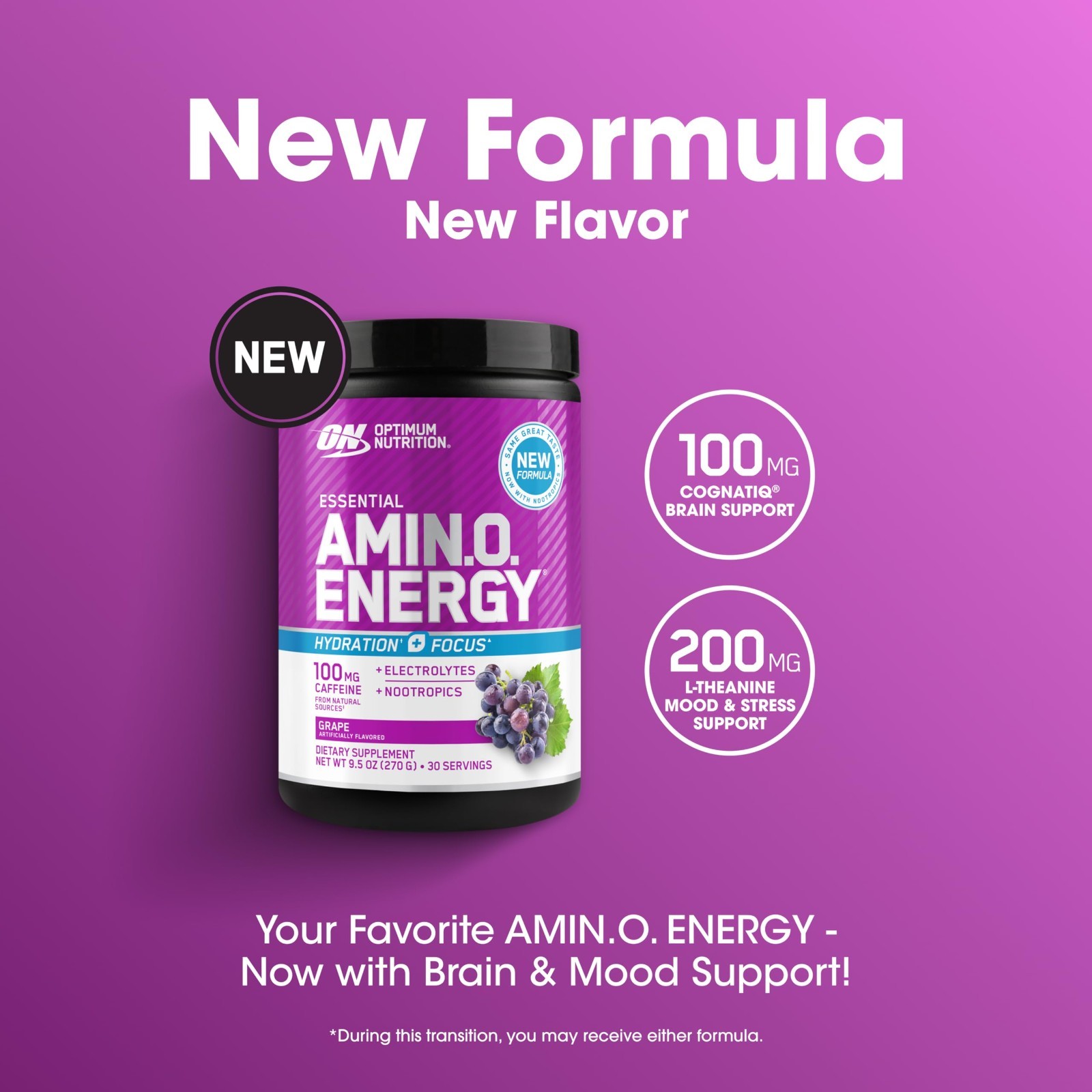 Amino Energy Powder with BCAAs, Electrolytes & Caffeine – Grape Flavor, 30 Servi