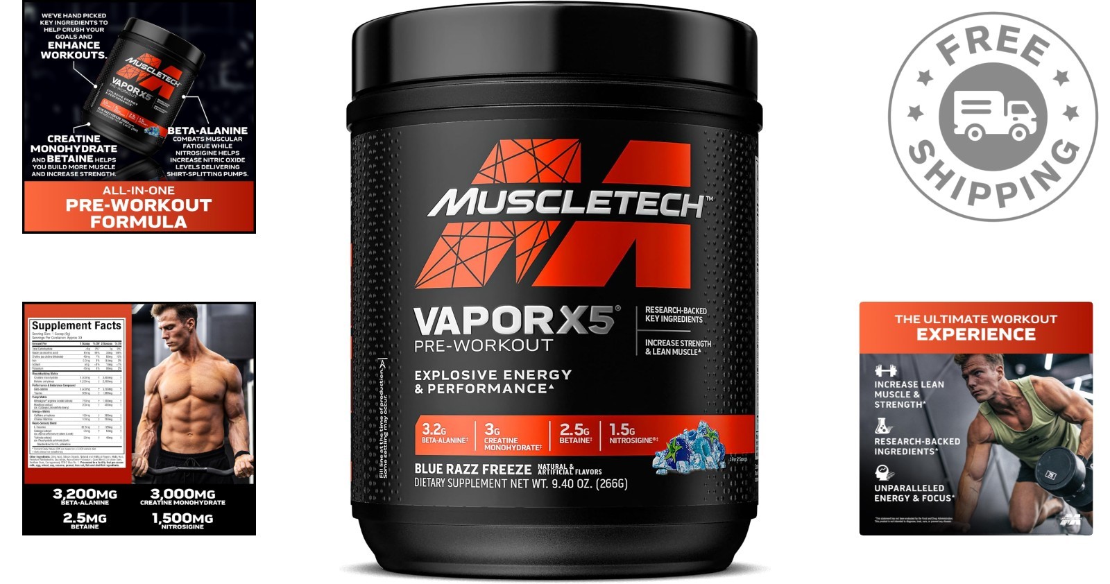 Vapor X5 Pre-Workout Powder – Blue Razz Freeze, 30 Servings for Explosive Energy