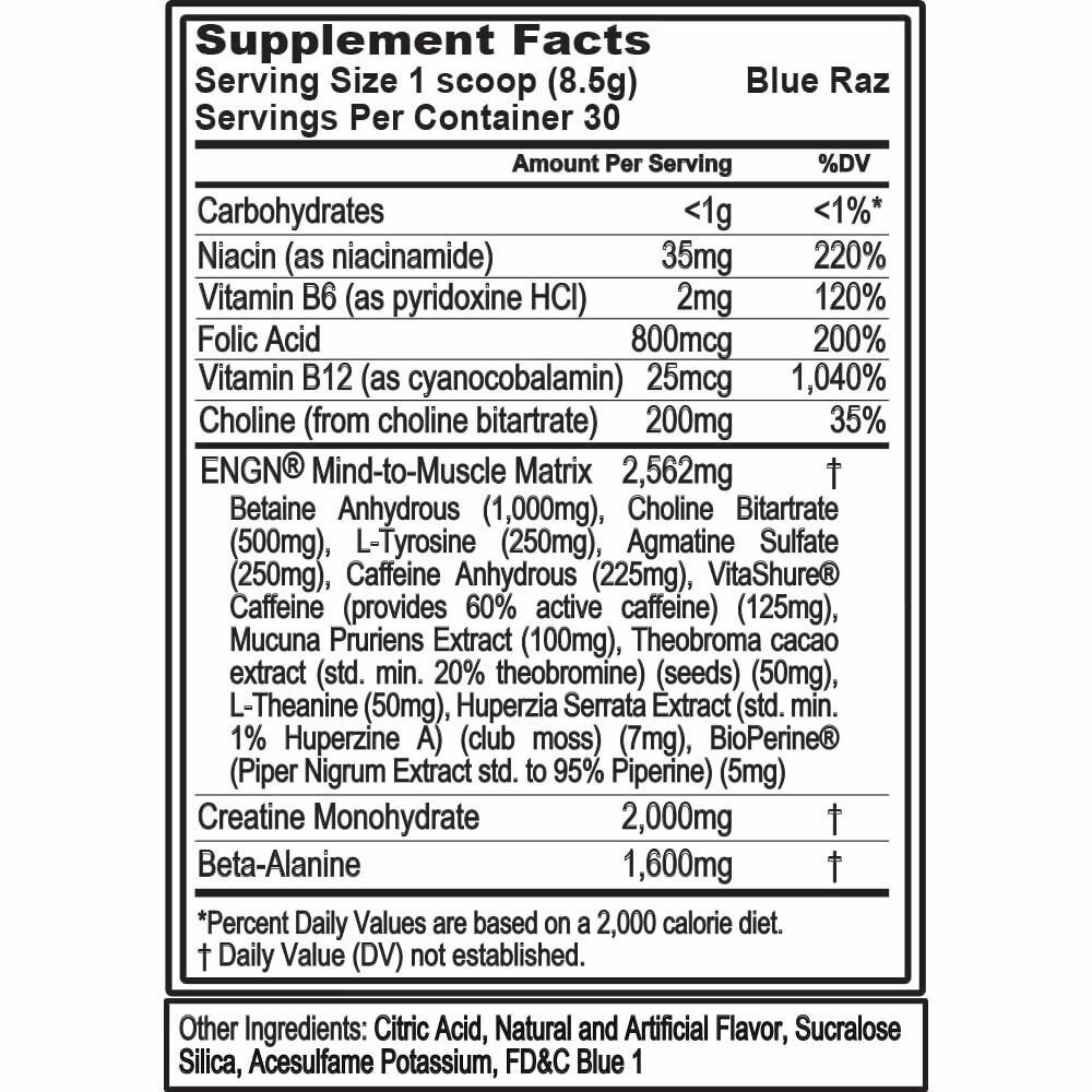 EVL ENGN Blue Raz Preworkout Powder 30 Servings Energy Focus Recovery Supplement