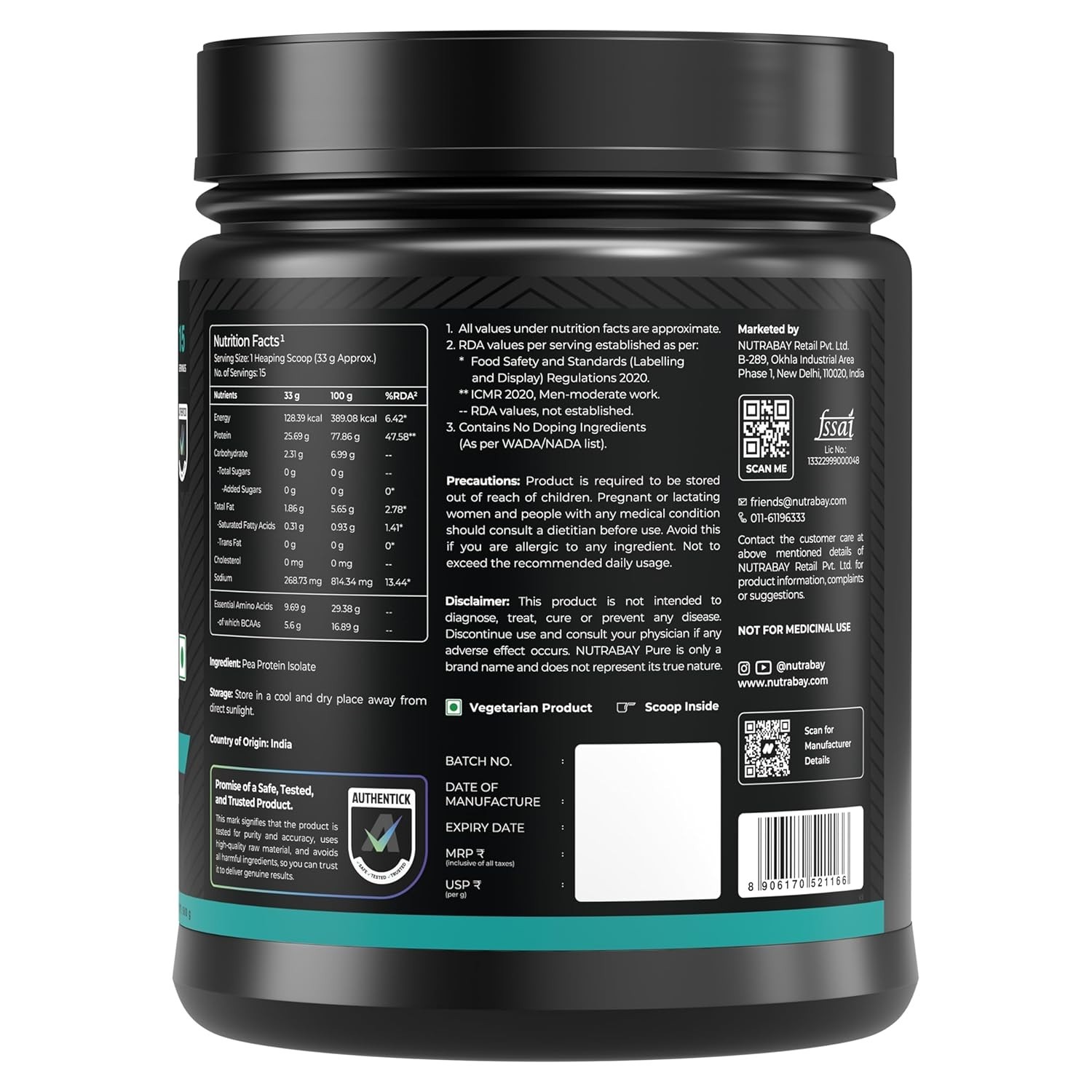 Pure Pea Protein Isolate – 25.3g Protein, 5g BCAA -500g Unflavoured, 15 Servings