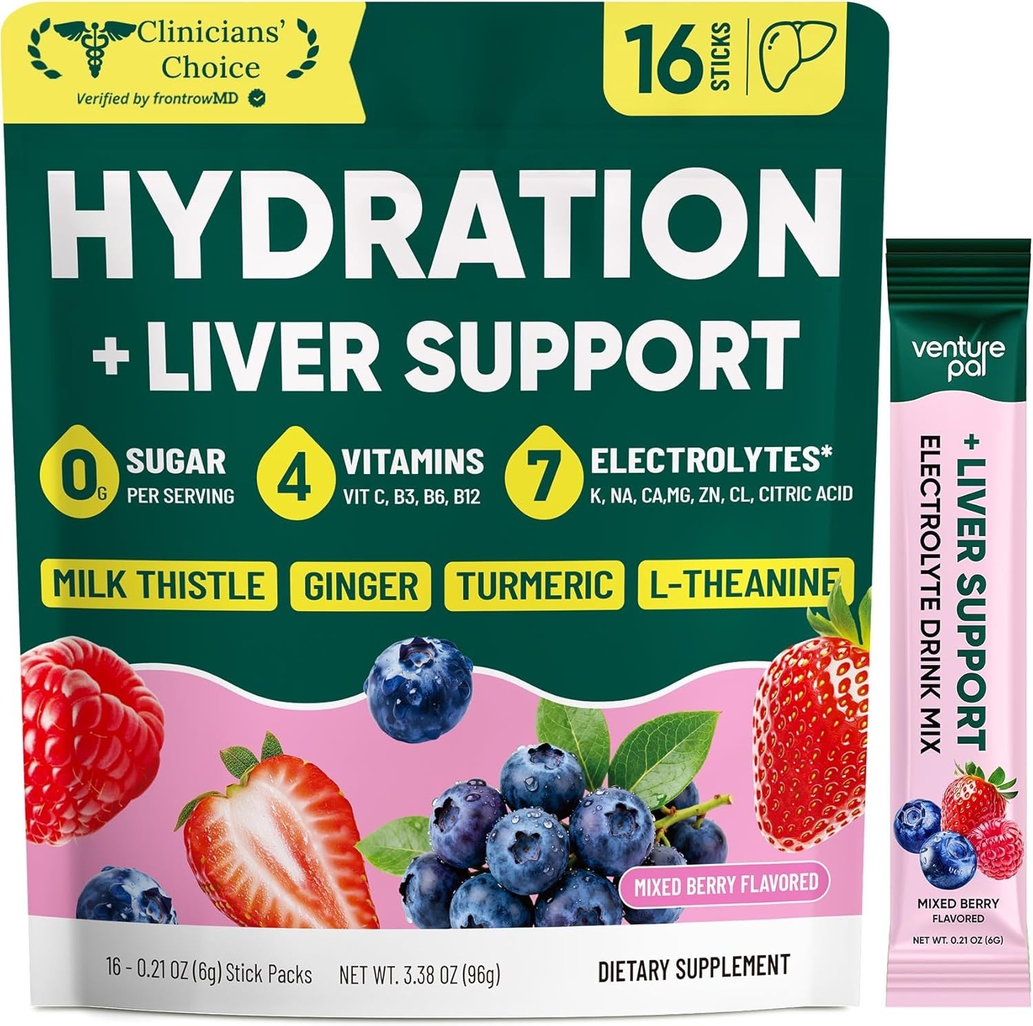 Liquid Electrolyte Powder Packets with Vitamins for Adult Hydration – 16 Count