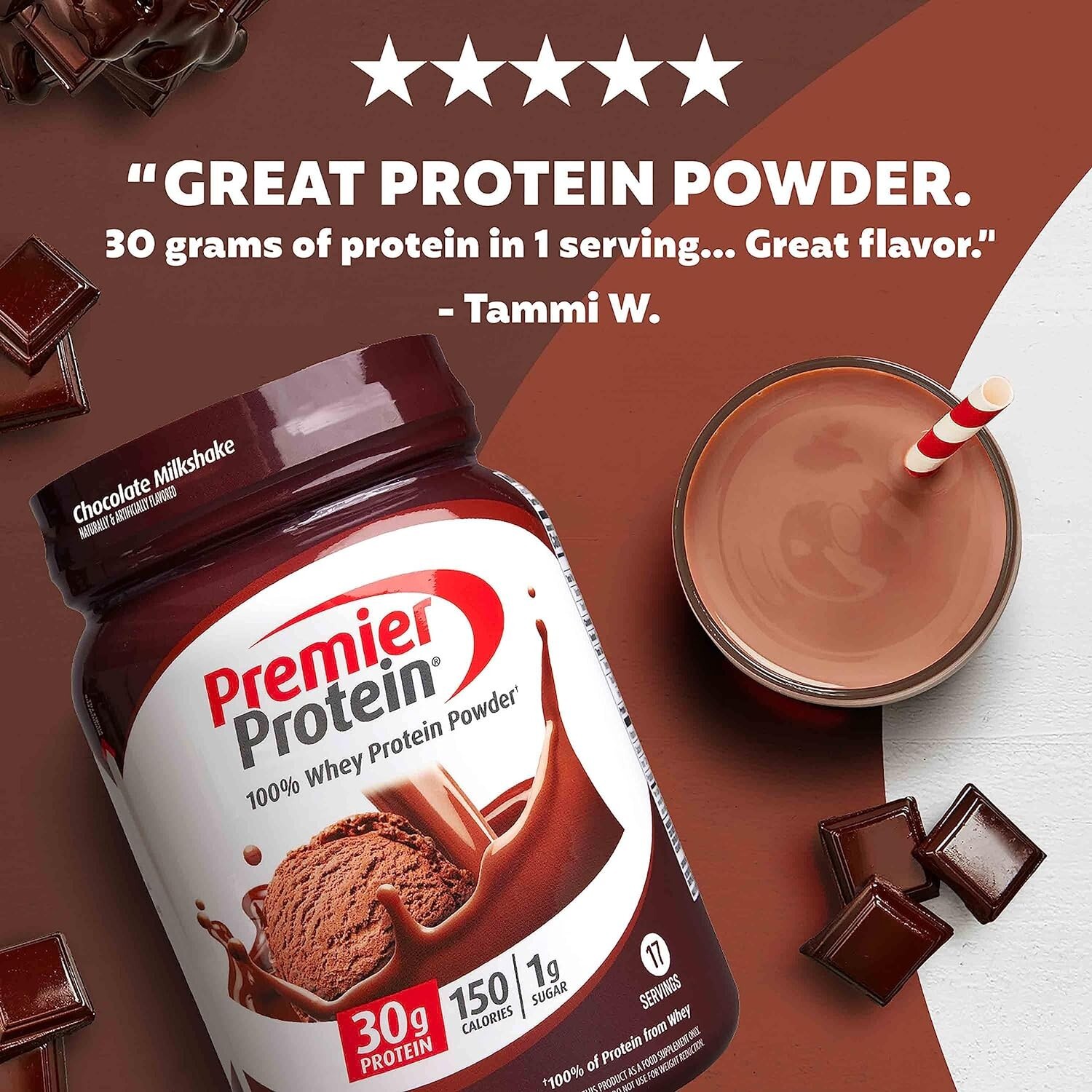 Premier Protein 100% Whey Protein Powder, Chocolate Milkshake, 30g Protein, 24.5