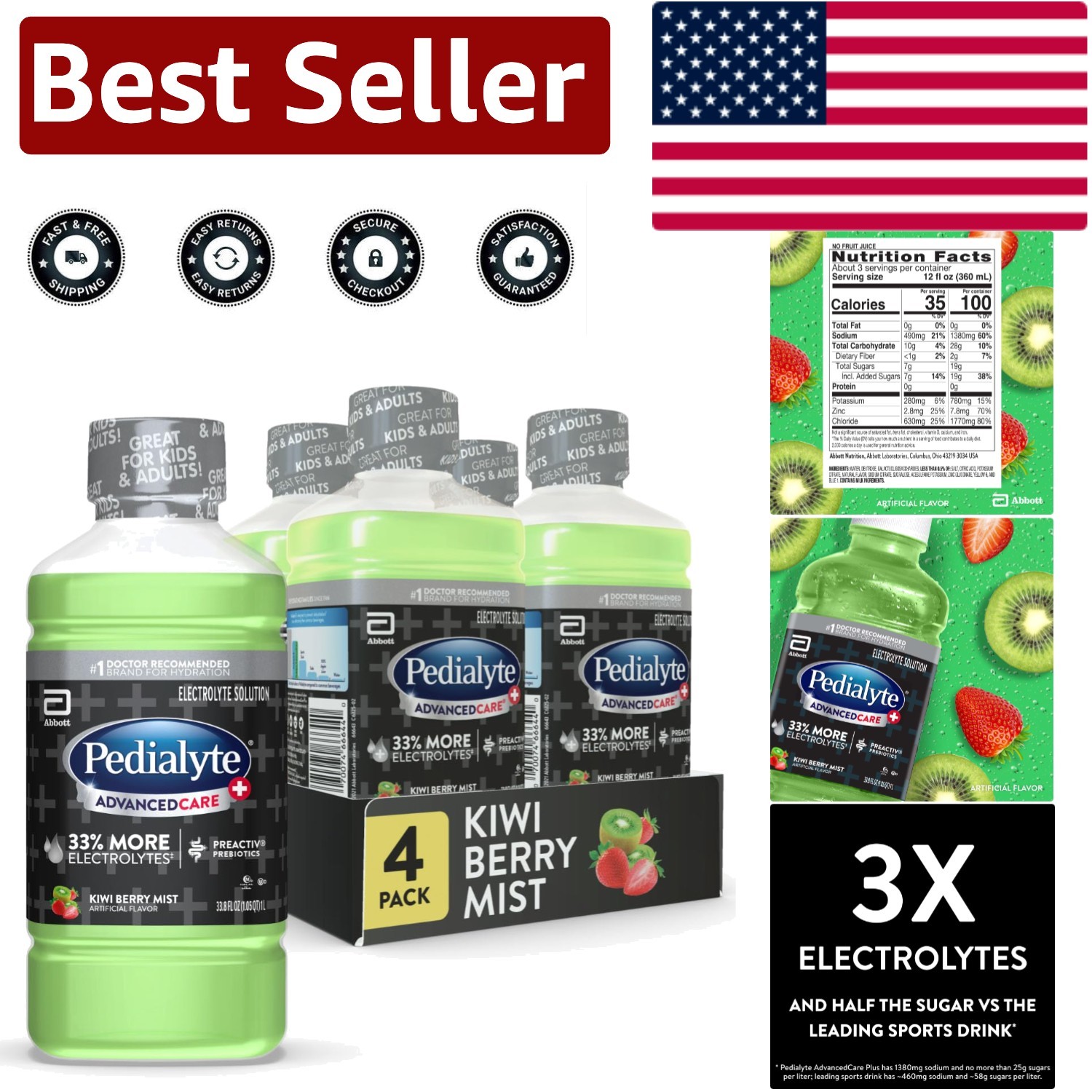 Doctor-Recommended AdvancedCare Plus Hydration Drink, Kiwi Berry Mist, Pack of 4