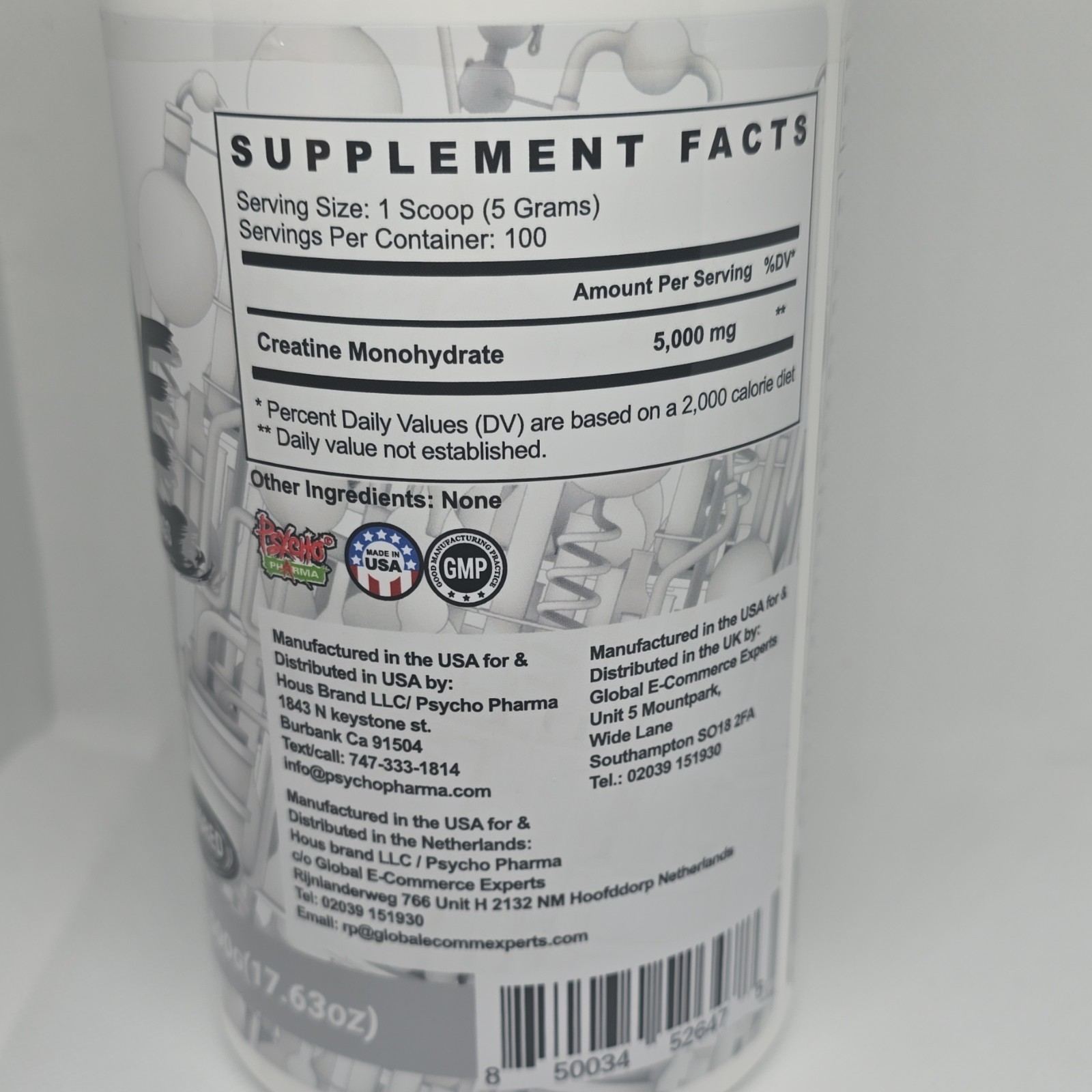 Psycho Pharma Creatine Monohydrate Powder Unflavored 500g 100 Servings