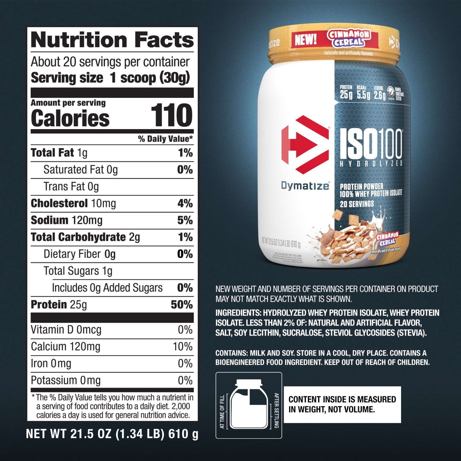 Dymatize ISO100 Whey Protein Isolate Cinnamon Cereal 20 Servings 25g Protein
