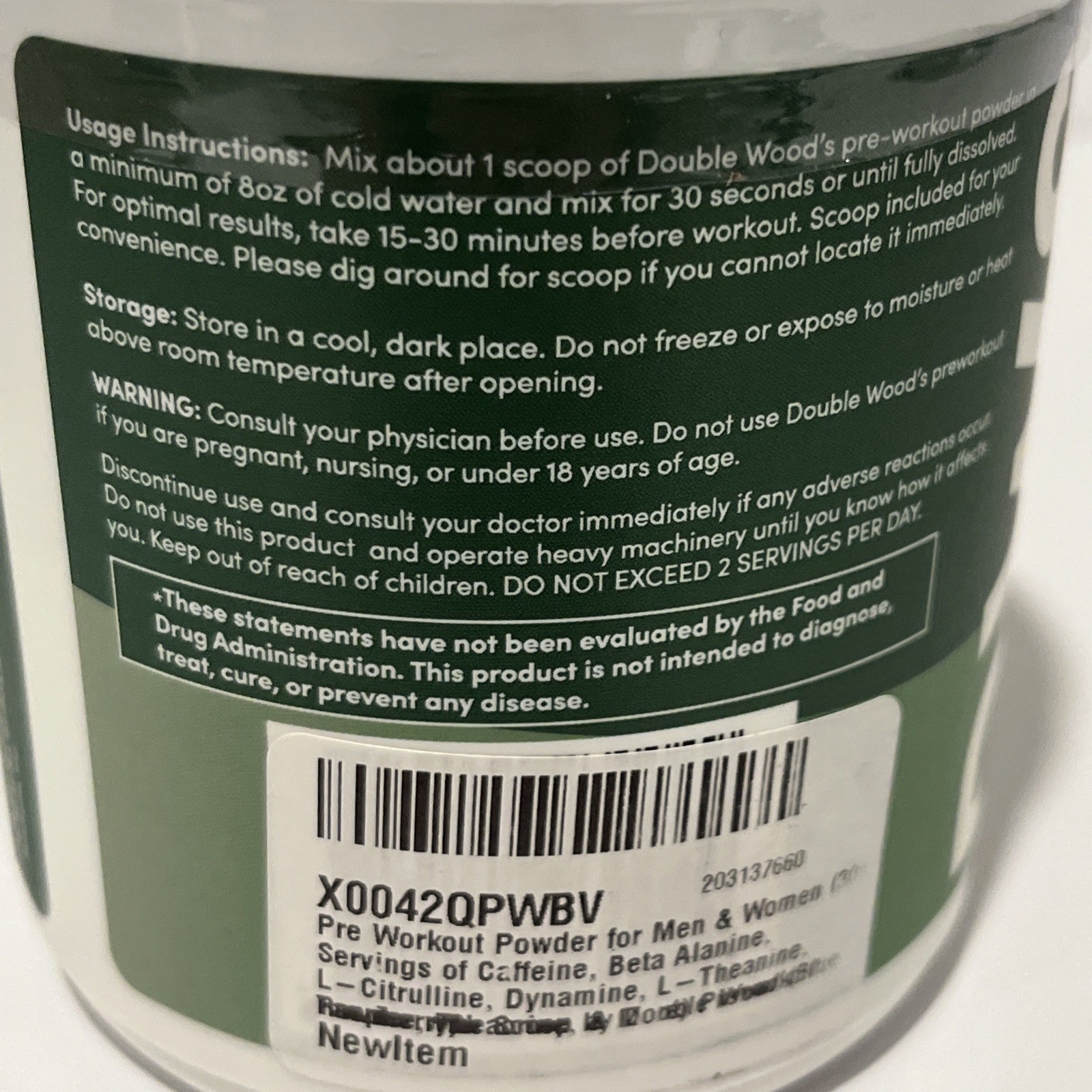 Double Wood Supplement Pre Workout Powder Flavor Blue Raspberry. EXP : 12/27