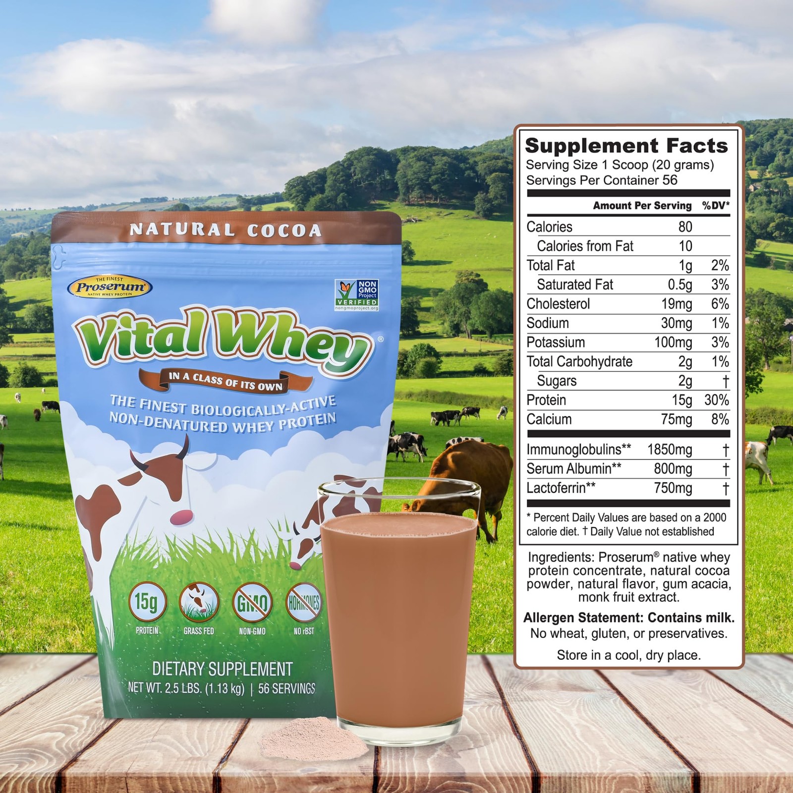 Grass-Fed Whey Protein Powder for Immune Vitality, Natural Cocoa 600g (30 Ser…