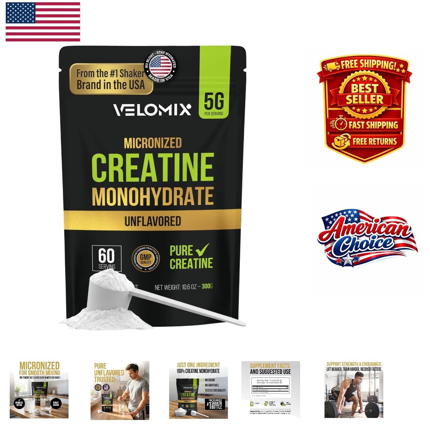 Daily Use Micronized Creatine Powder – 5000mg, 60 Servings for Strength Gains