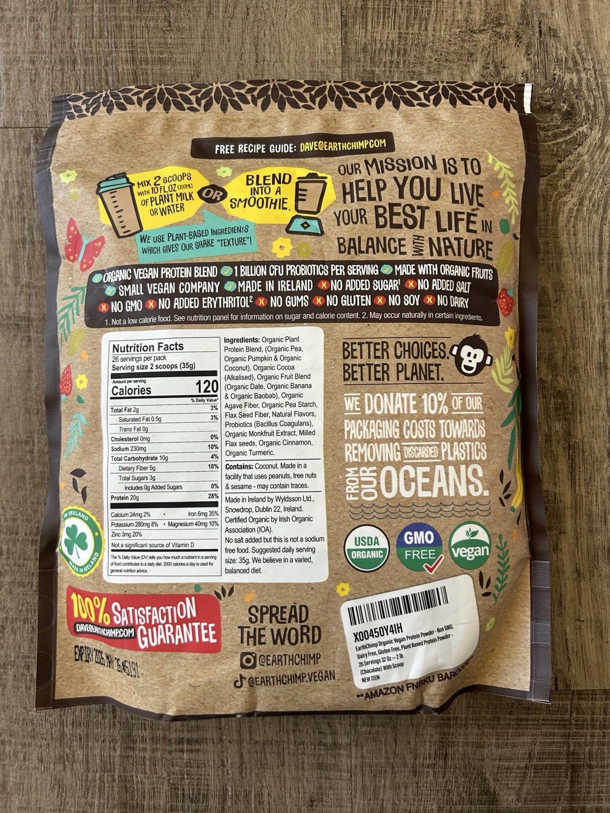 Earth Chimp Organic Vegan Protein Shake Mix – CHOCOLATE – 32.1 oz NEW