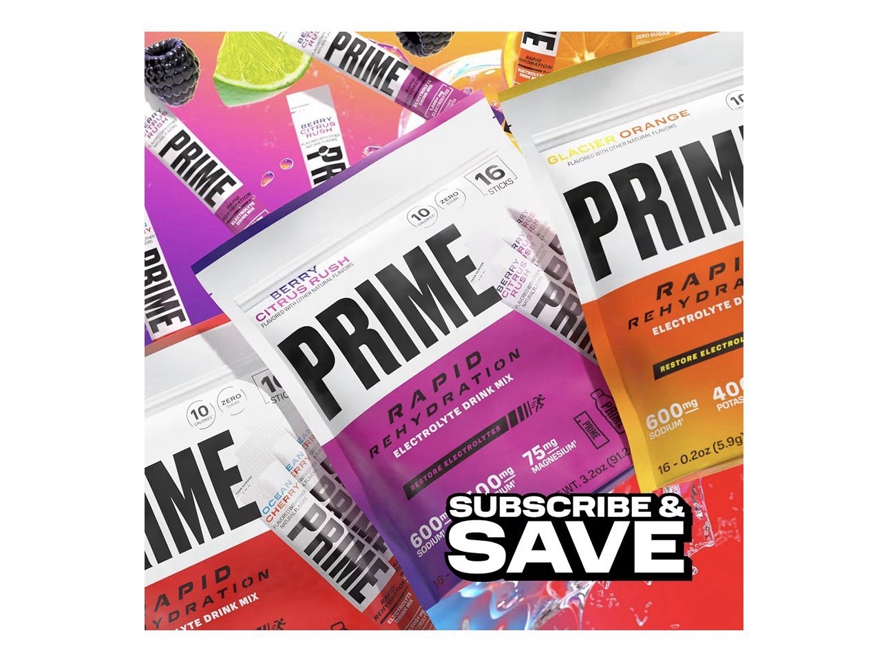 Prime Rapid Rehydration Electrolyte Drink Mix Berry Citrus Rush 16 Sticks New