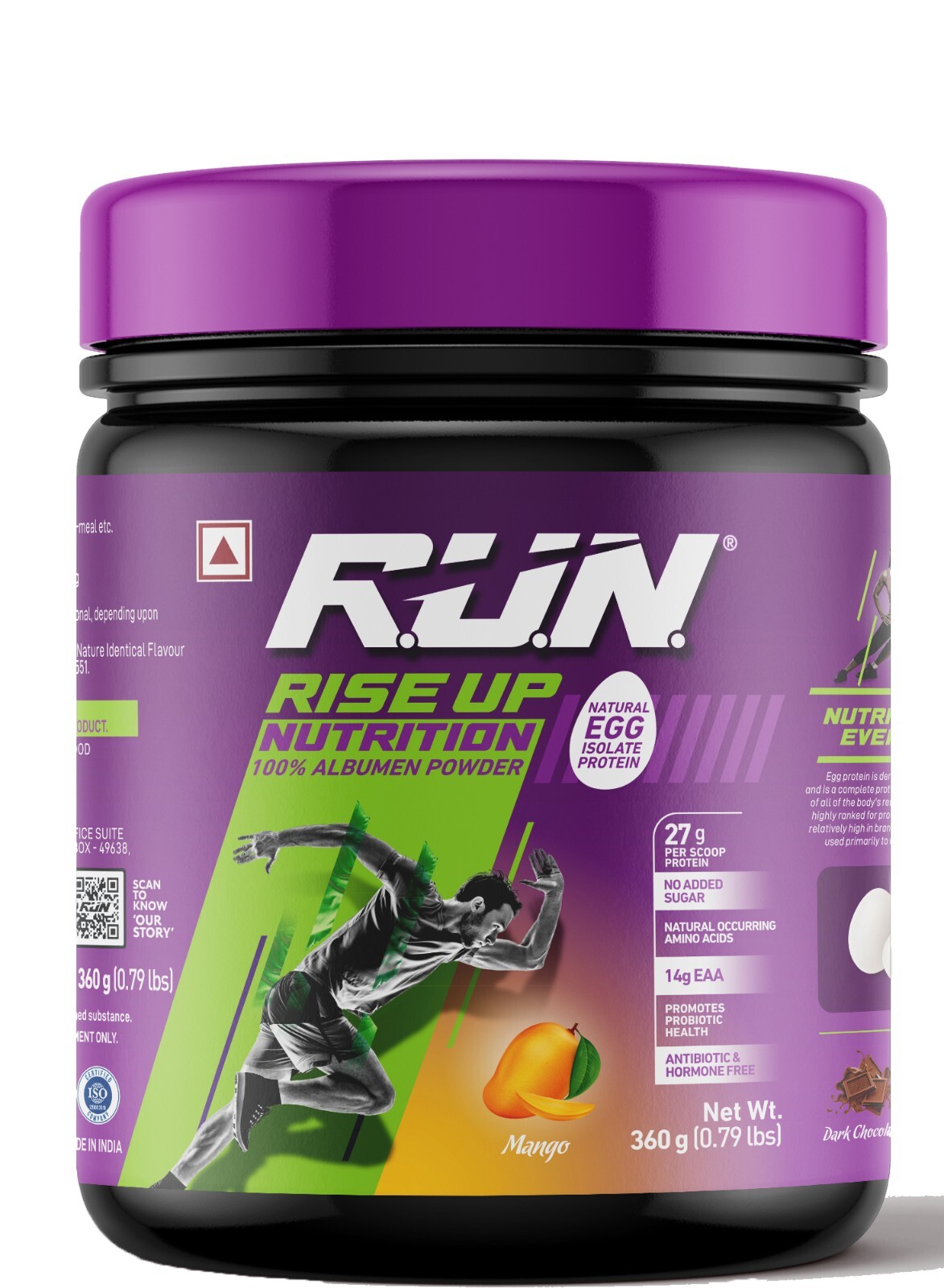 RUN Natural Egg White Protein Powder, 27g Protein, Lactose Free, 0.80 lbs/360 g