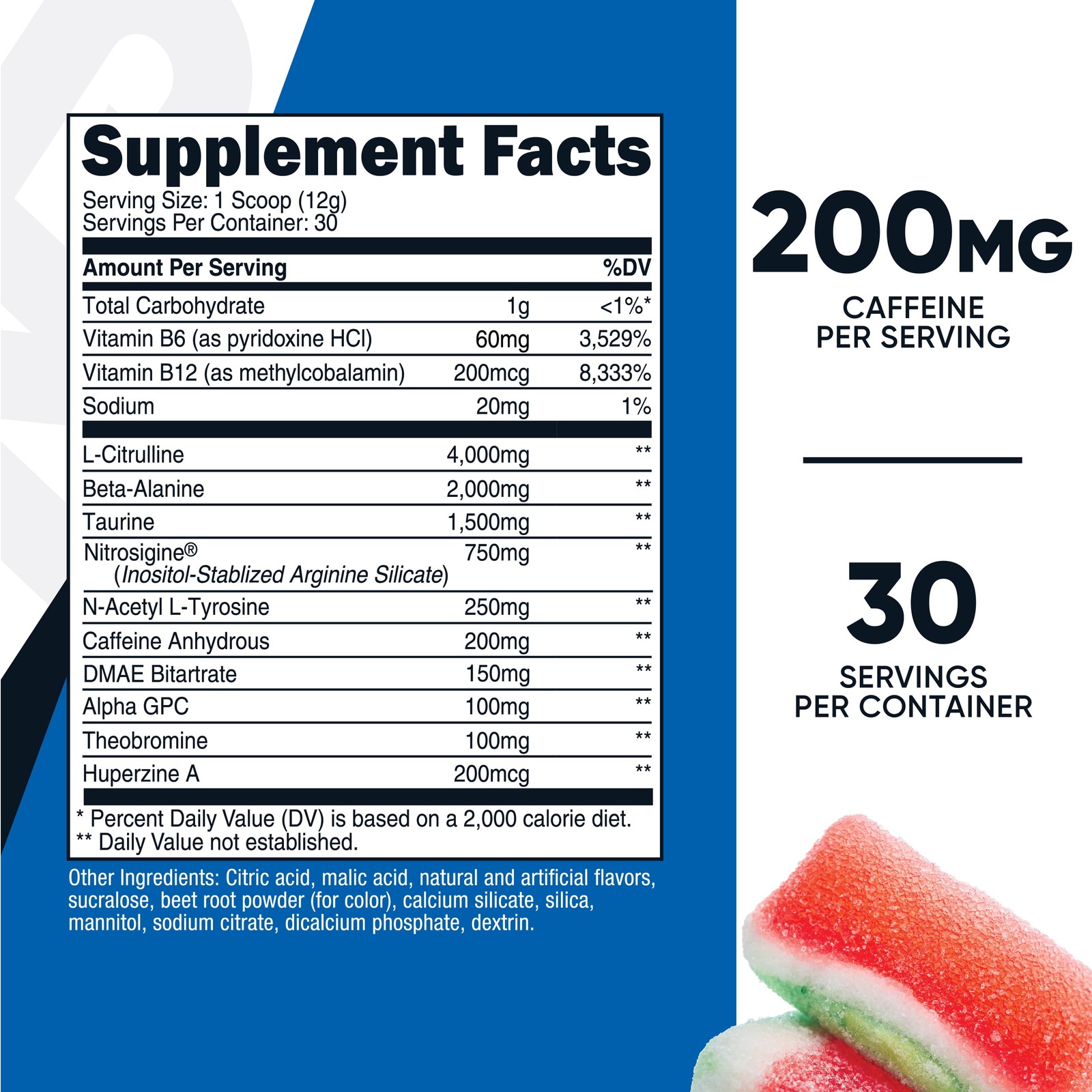 Pre-Workout Complex Powder (Watermelon Candy) 30 Servings – 200Mg of Caffeine pe