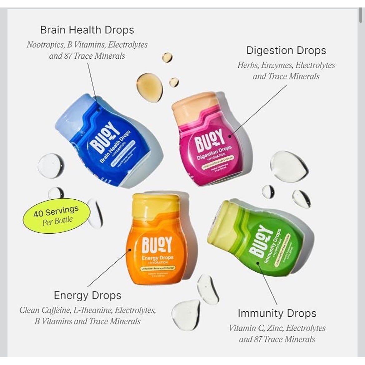 Buoy Electrolyte Drops Variety Pack 4 Pack Hydration Immunity Energy Digestion