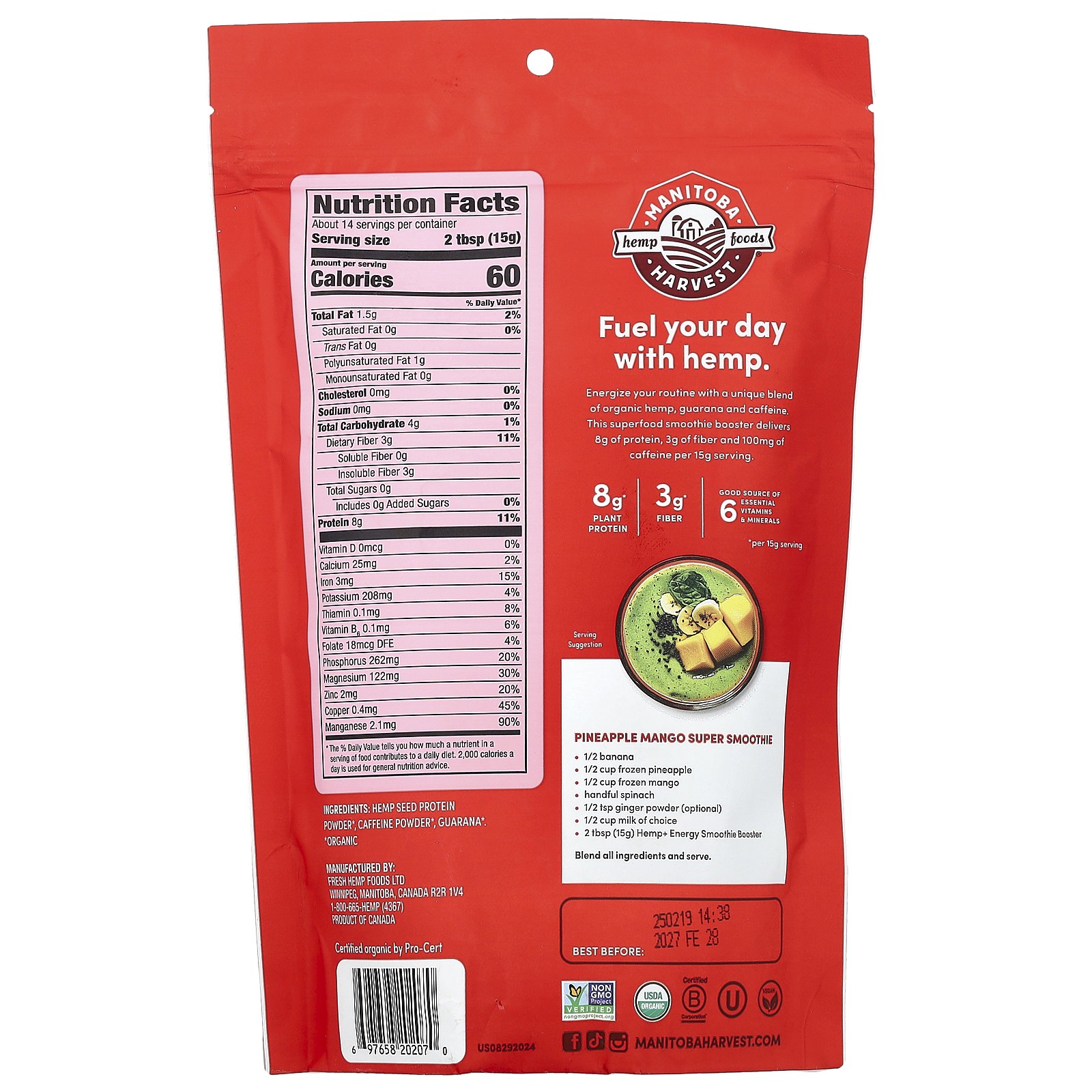 Organic Hemp + Energy, Smoothie Booster Powder Blend, 7.5 oz (213 g)