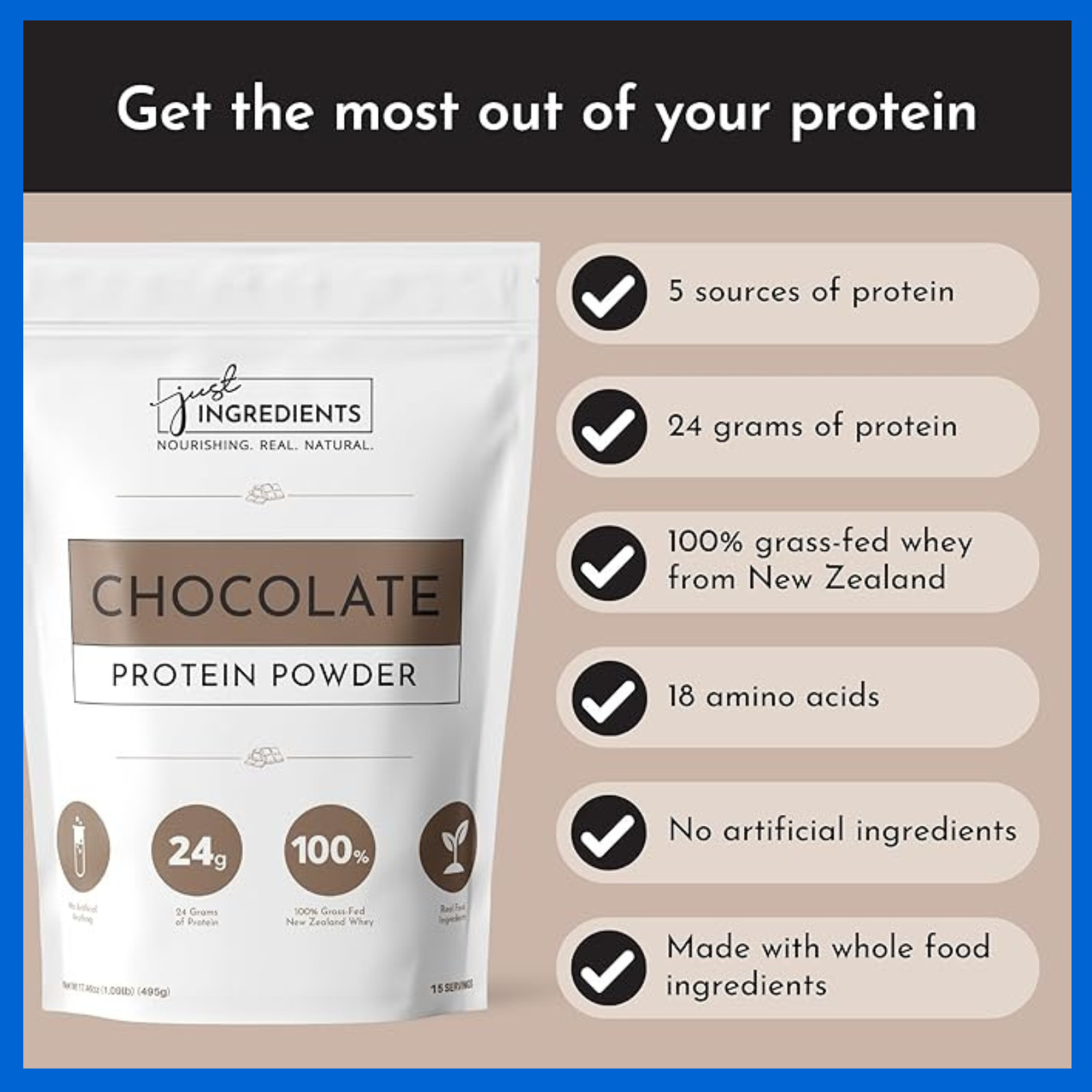 JUST Ingredients Protein Powder Chocolate – Grass-Fed Whey, 15 Servings, 24g