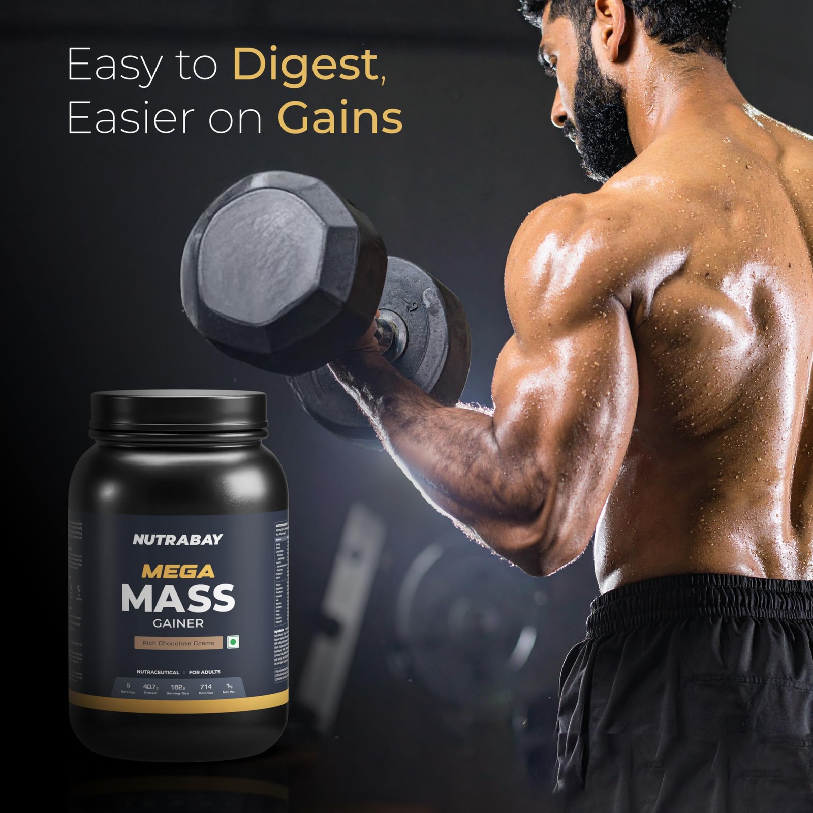 Nutrabay Gold Mega Mass Gainer 1kg |40.7g Protein, 122g Carbs, 714 Calorie, Choc